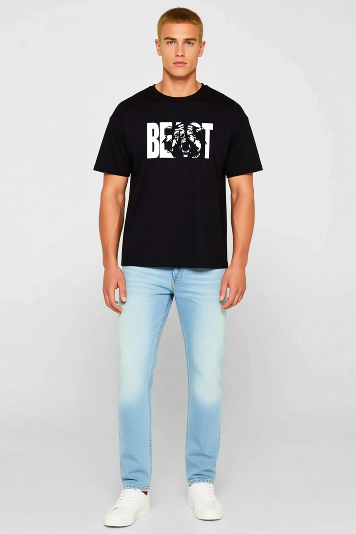 Erkek Oversize Bisiklet Yaka Kısa Kollu Önden Baskılı Beast Yazılı Vahşi Hayvan Desenli Rahat Tişört