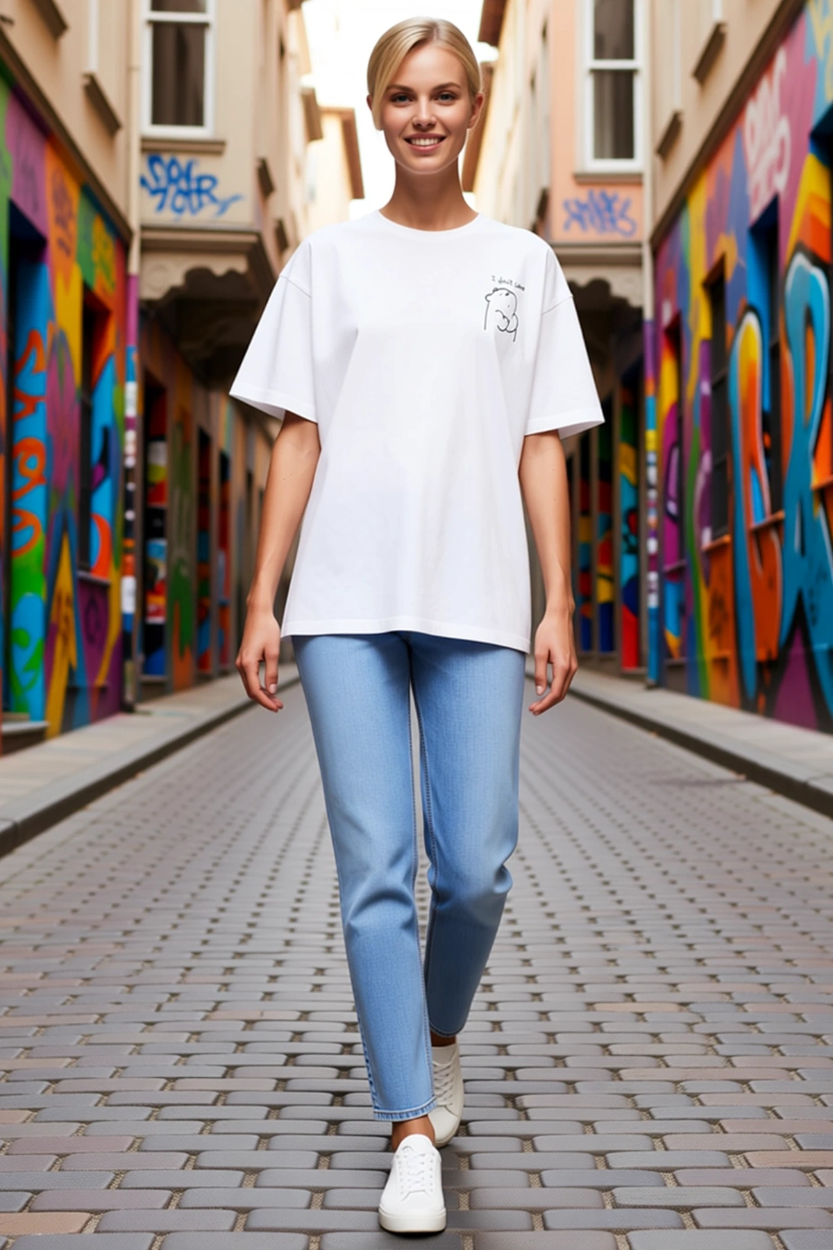 Kadın Oversize Bisiklet Yaka Kısa Kollu Mini Ayı Çizimli Yazılı Tişört Bol Kesim Rahat Günlük Model