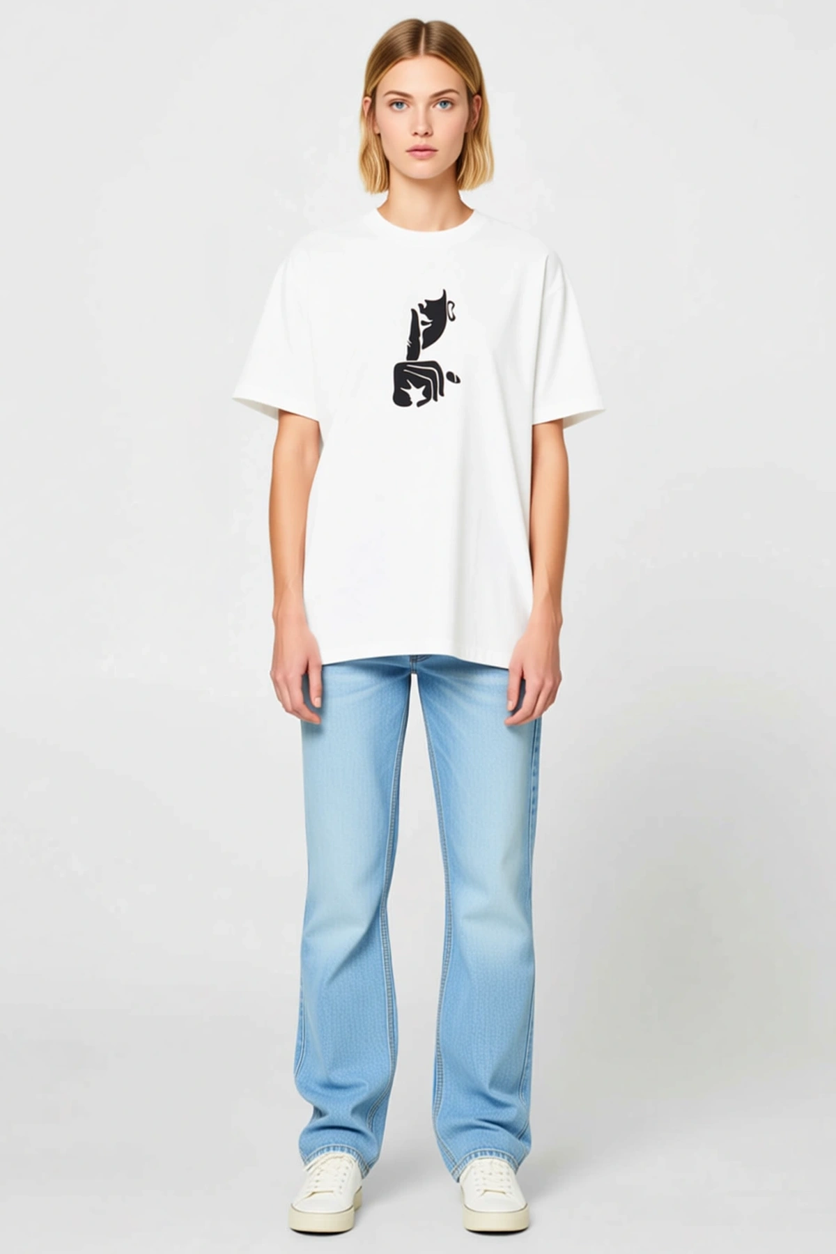 Parmak Dudakta Sessizlik Figürlü Baskılı Bisiklet Yaka Kadın Tişört Polyester Her Mevsim Kullanışlı