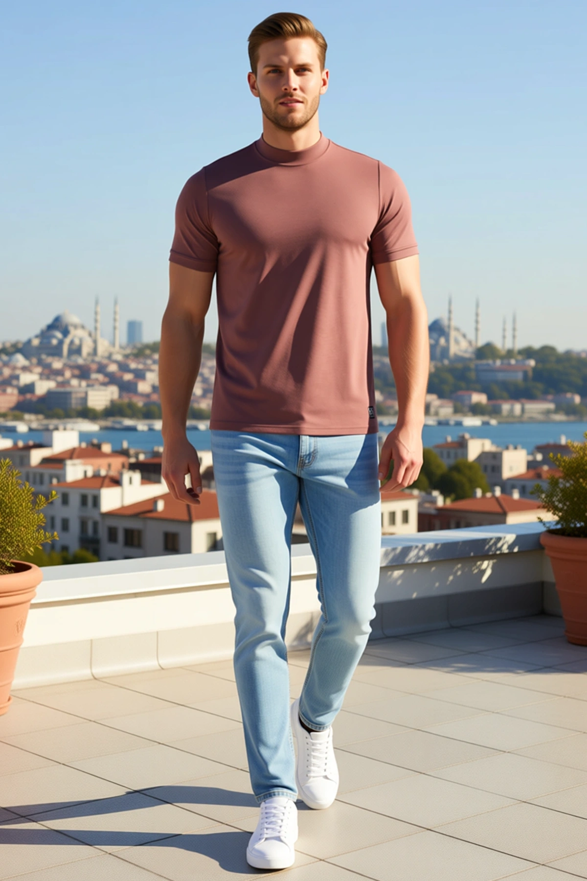 Erkek Yarım Boğazlı Kısa Kollu Tişört Vücuda Oturan Çizgili Doku Günlük Konforlu Sezonluk Zarif