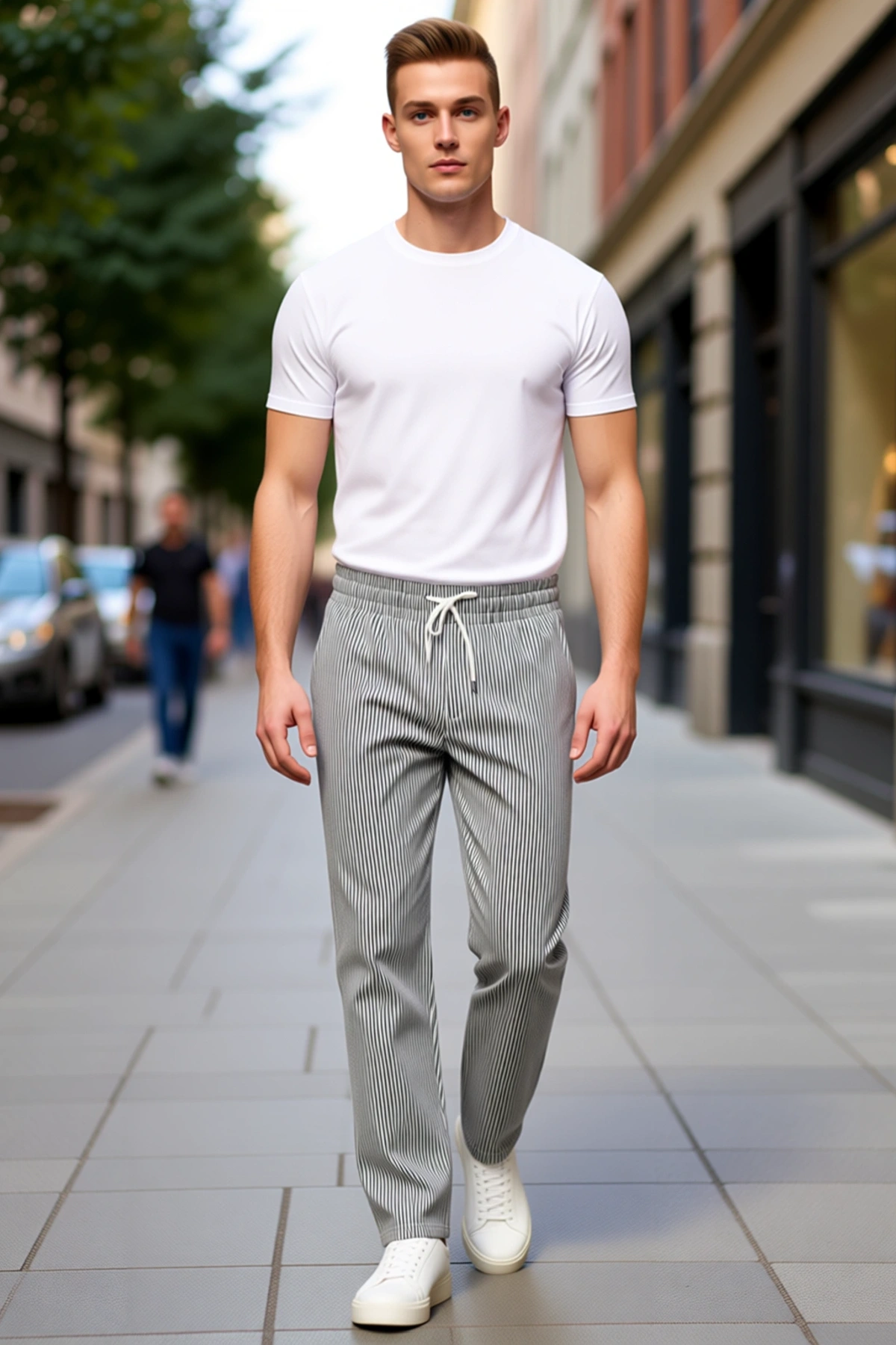 Erkek Su Yolu Çizgili Bağcıklı Beli Lastikli Cepli Bol Paça Rahat Pantalon Günlük Spor Kombin Dostu