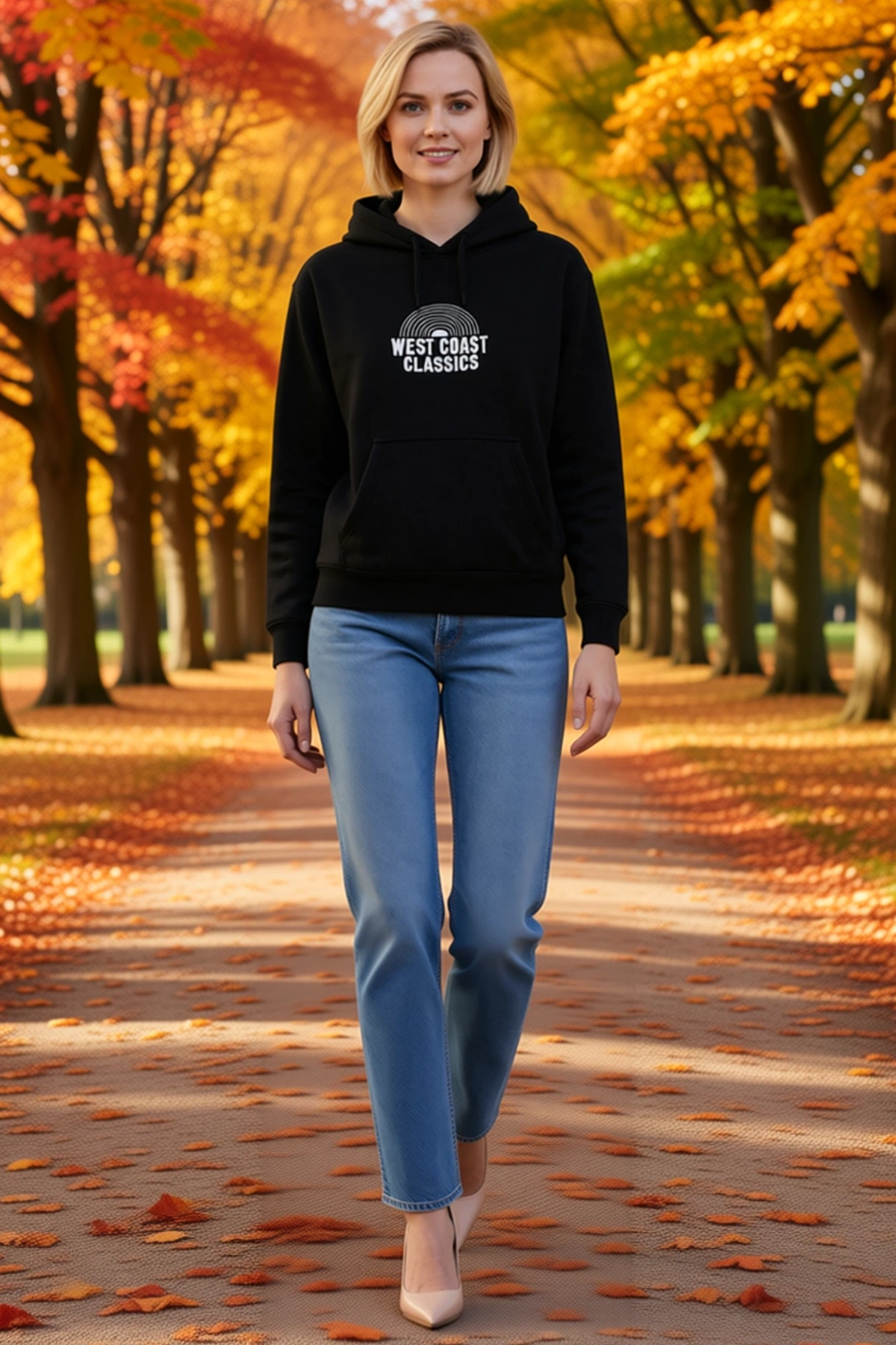 Kadın Üç İplik Kapüşonlu Sweatshirt Hoodie Önü Yarım Daire Yazı Baskılı Kanguru Cepli Bol Kesim