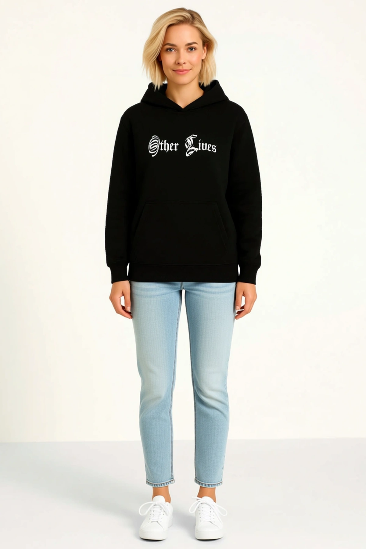 Kadın Üç İplik Kapüşonlu Sweatshirt Hoodie Göğsü Gotik Yazı Baskılı Kanguru Cepli Uzun Kesim Rahat