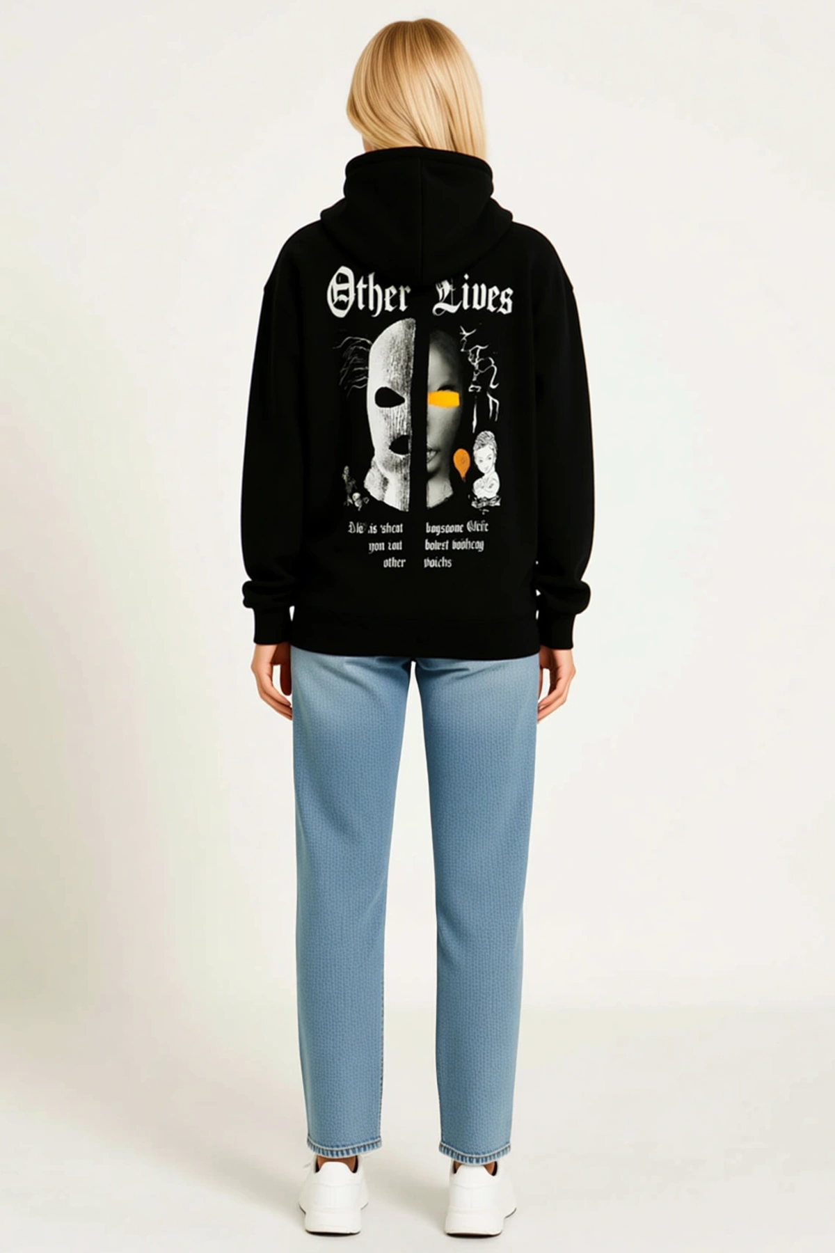Kadın Üç İplik Kapüşonlu Sweatshirt Hoodie Göğsü Gotik Yazı Baskılı Kanguru Cepli Uzun Kesim Rahat