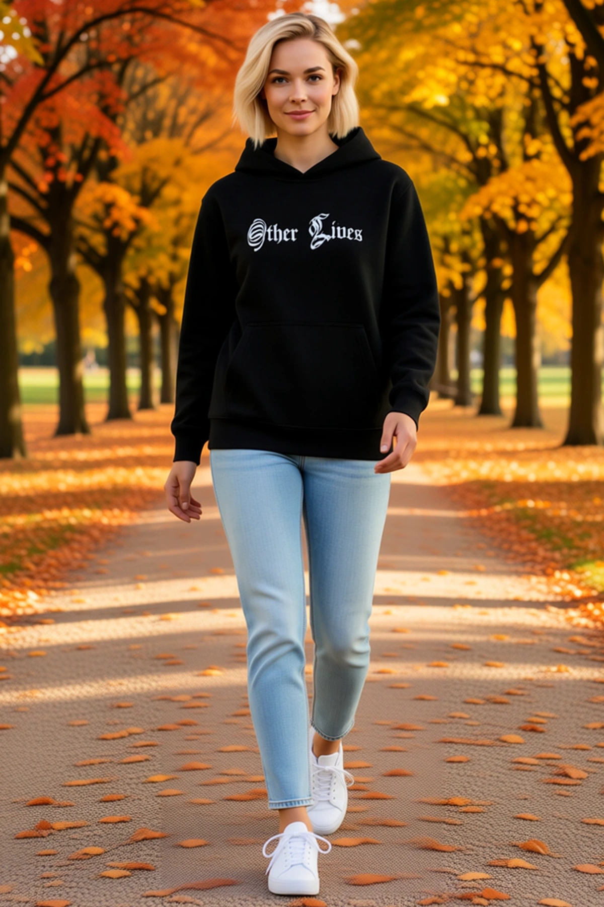 Kadın Üç İplik Kapüşonlu Sweatshirt Hoodie Göğsü Gotik Yazı Baskılı Kanguru Cepli Uzun Kesim Rahat