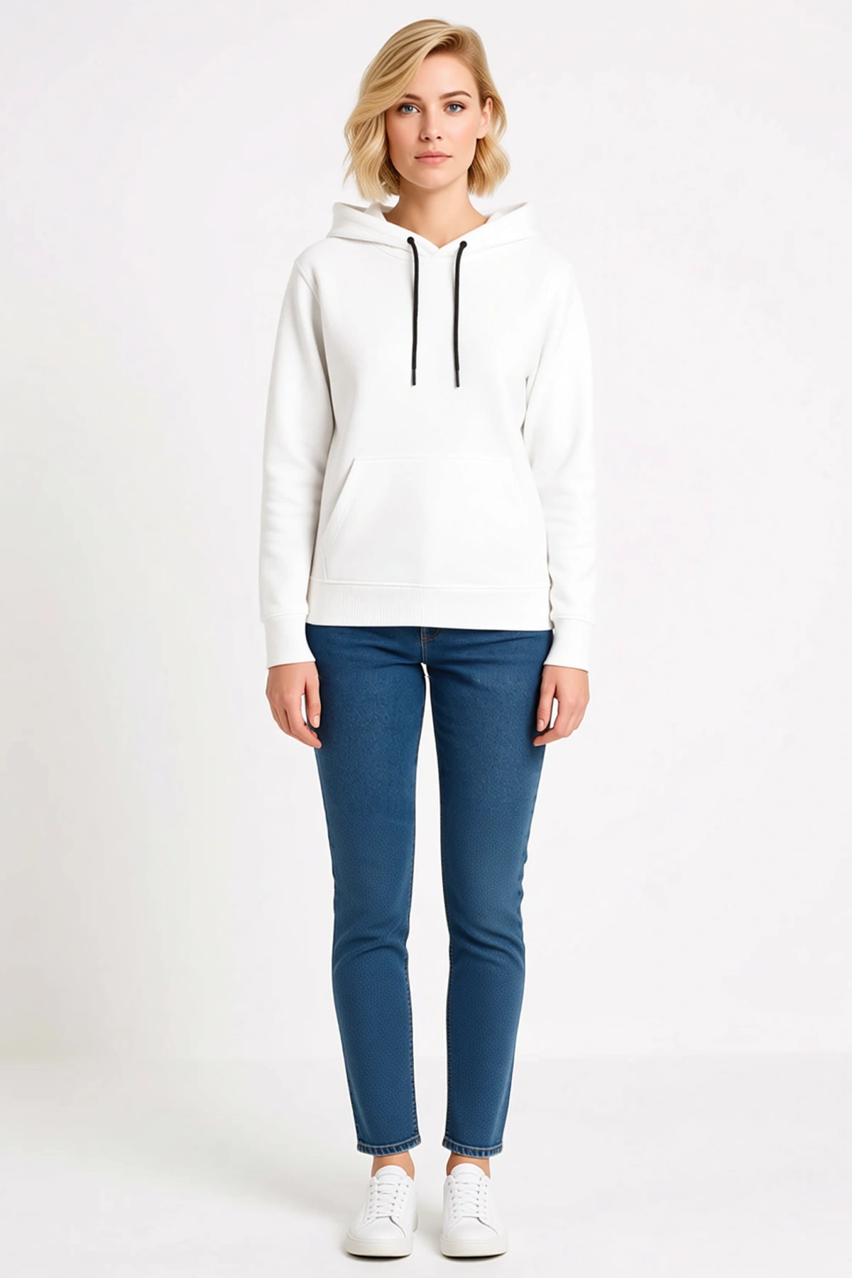 Kadın Üç İplik Kapüşonlu Düz Sweatshirt Hoodie Kanguru Cepli Ribanalı Manşet Günlük Rahat Kalıp