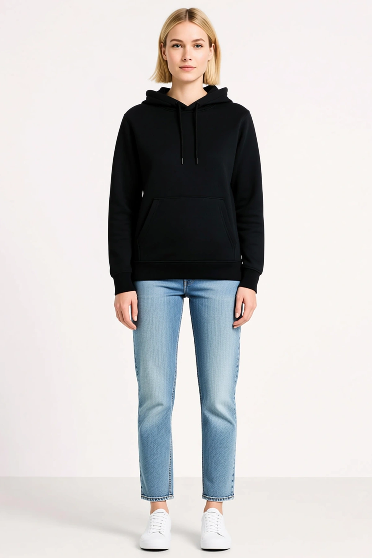 Kadın Üç İplik Kapüşonlu Sweatshirt Hoodie Düz Kanguru Cepli İnce Bağcıklı Ribanalı Rahat Kesim