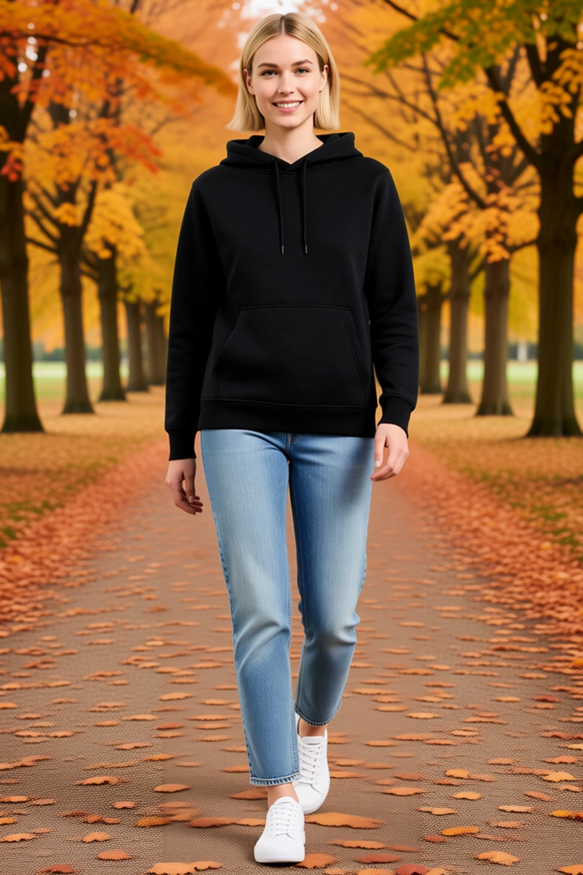 Kadın Üç İplik Kapüşonlu Sweatshirt Hoodie Düz Kanguru Cepli İnce Bağcıklı Ribanalı Rahat Kesim