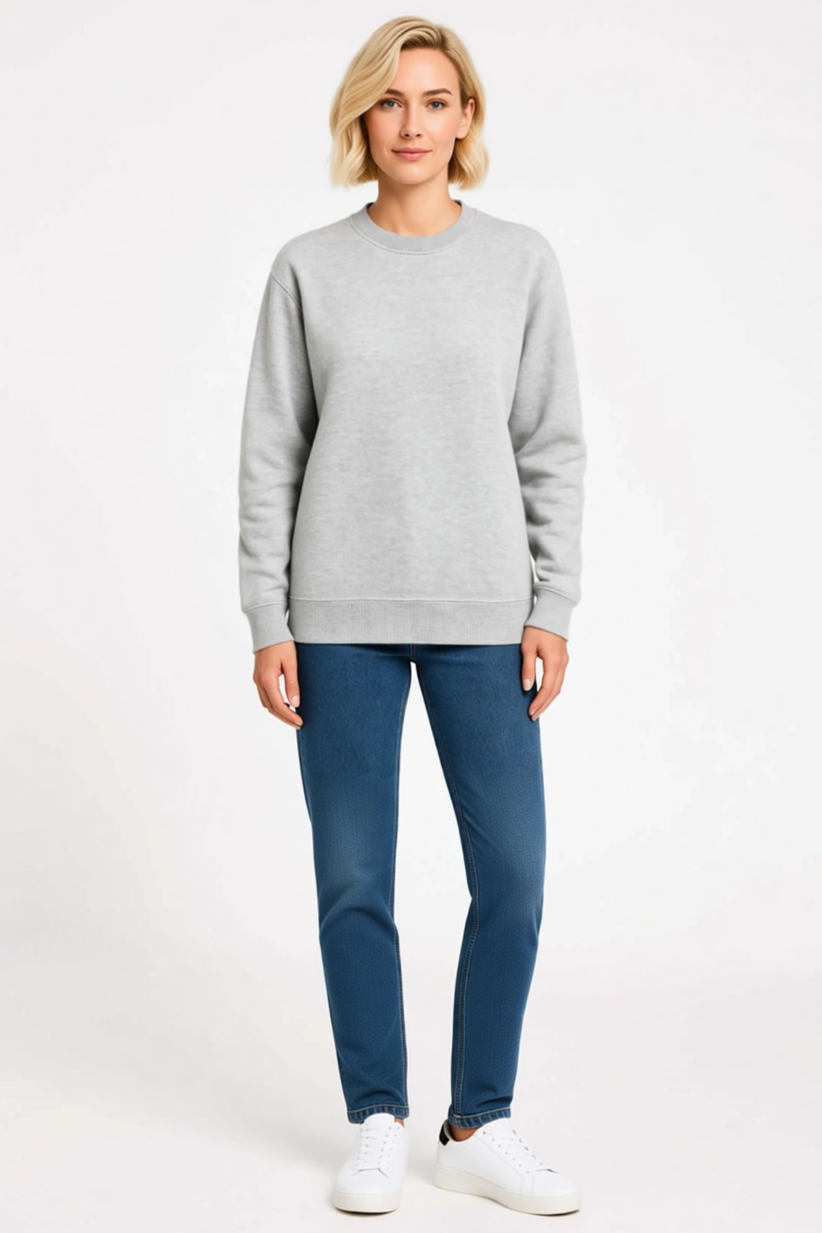 Kadın Üç İplik Düz Bisiklet Yaka Sweatshirt Uzun Kollu Ribana Detaylı Melanj Dokulu Günlük Rahat