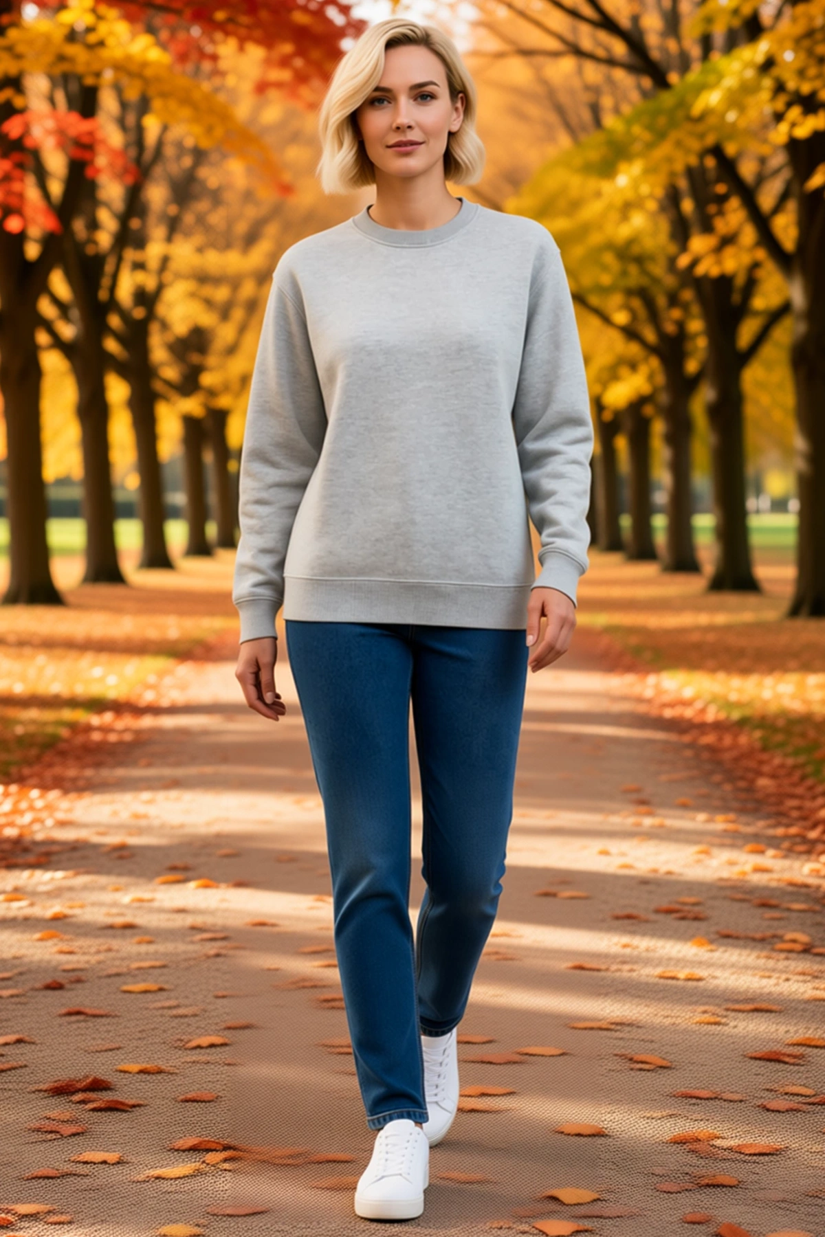 Kadın Üç İplik Düz Bisiklet Yaka Sweatshirt Uzun Kollu Ribana Detaylı Melanj Dokulu Günlük Rahat