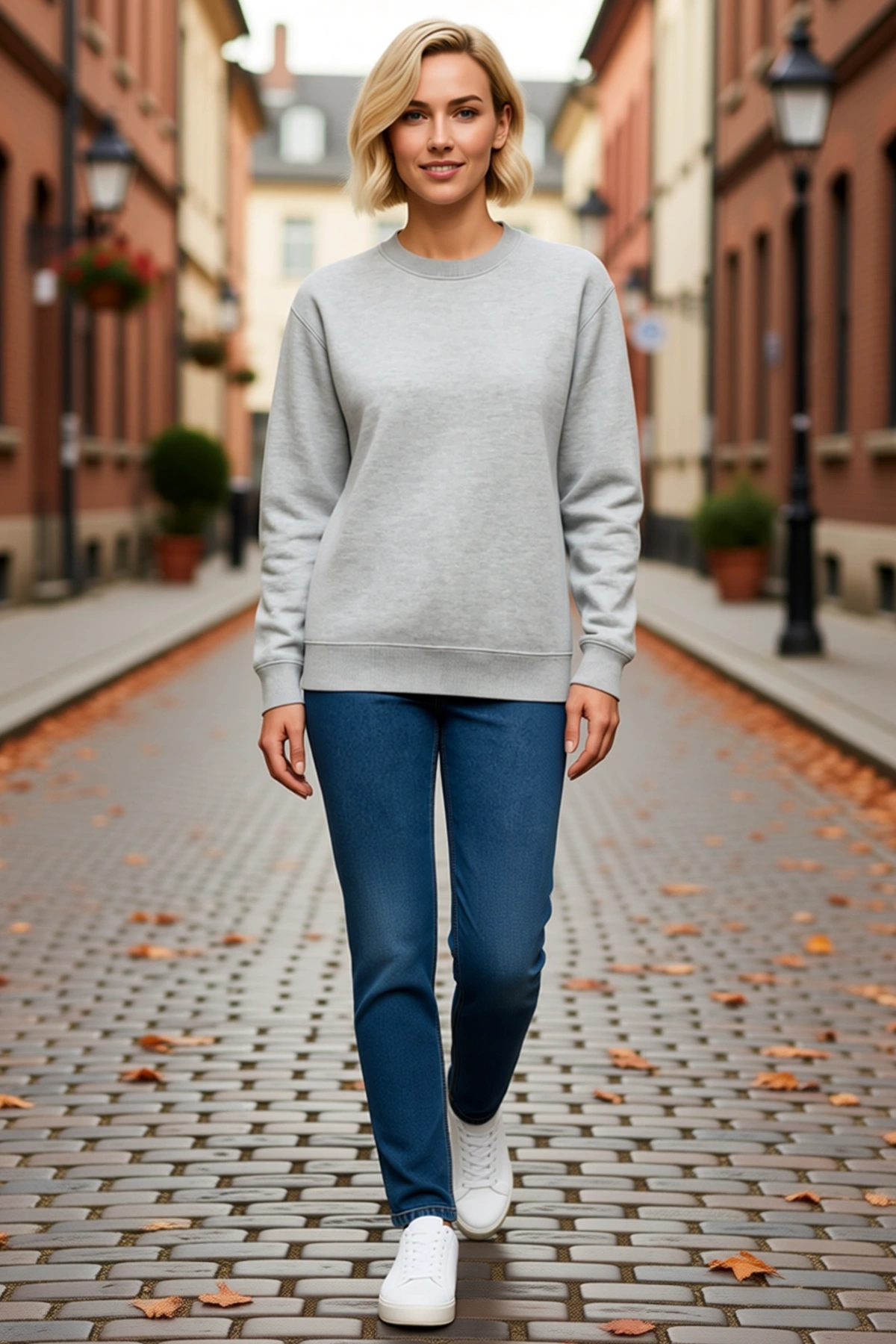 Kadın Üç İplik Düz Bisiklet Yaka Sweatshirt Uzun Kollu Ribana Detaylı Melanj Dokulu Günlük Rahat