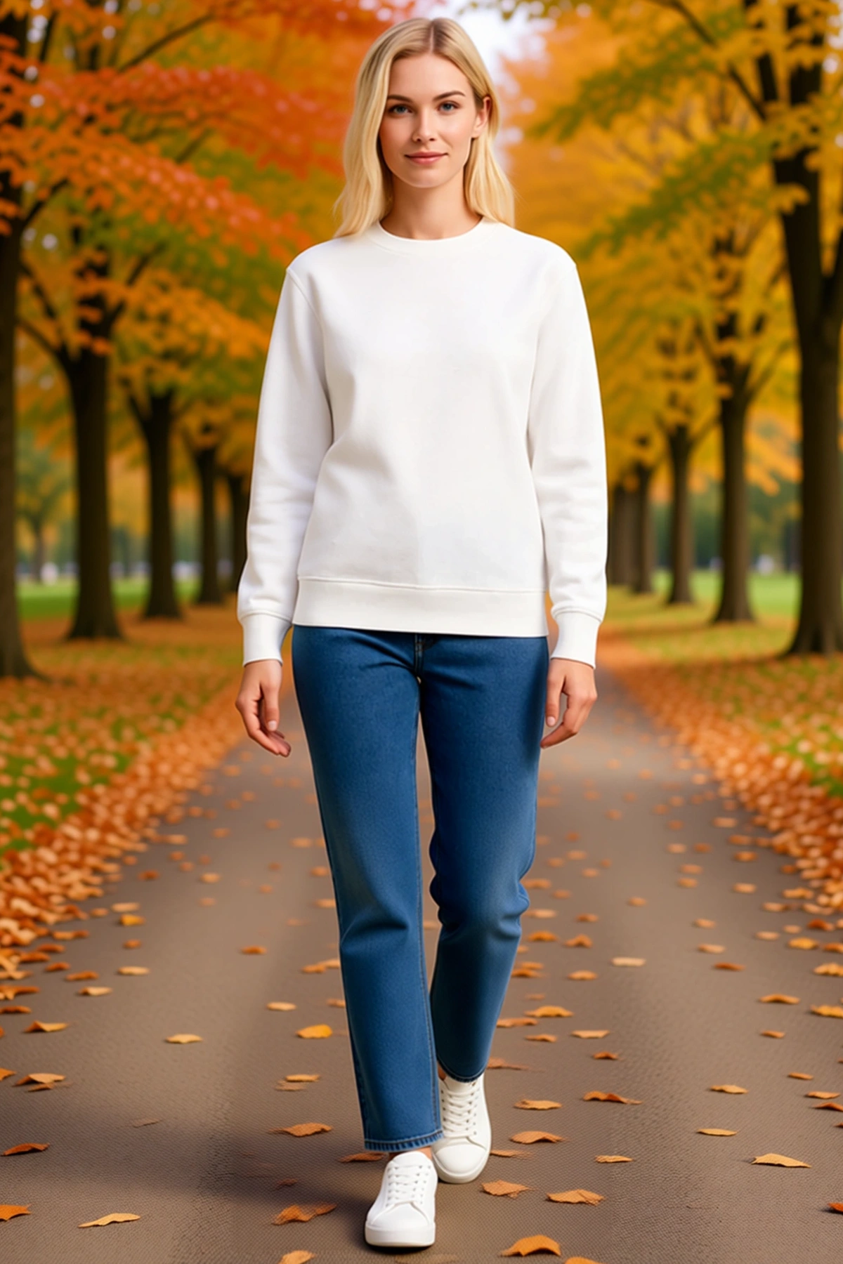 Kadın Üç İplik Düz Bisiklet Yaka Sweatshirt Uzun Kollu Ribanalı Etek Ucu ve Manşet Günlük Konforlu