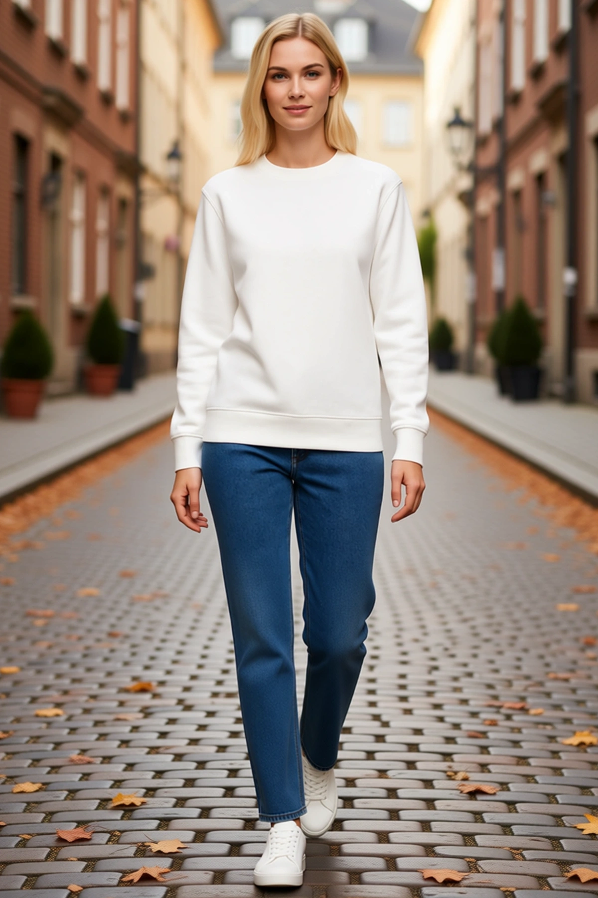 Kadın Üç İplik Düz Bisiklet Yaka Sweatshirt Uzun Kollu Ribanalı Etek Ucu ve Manşet Günlük Konforlu