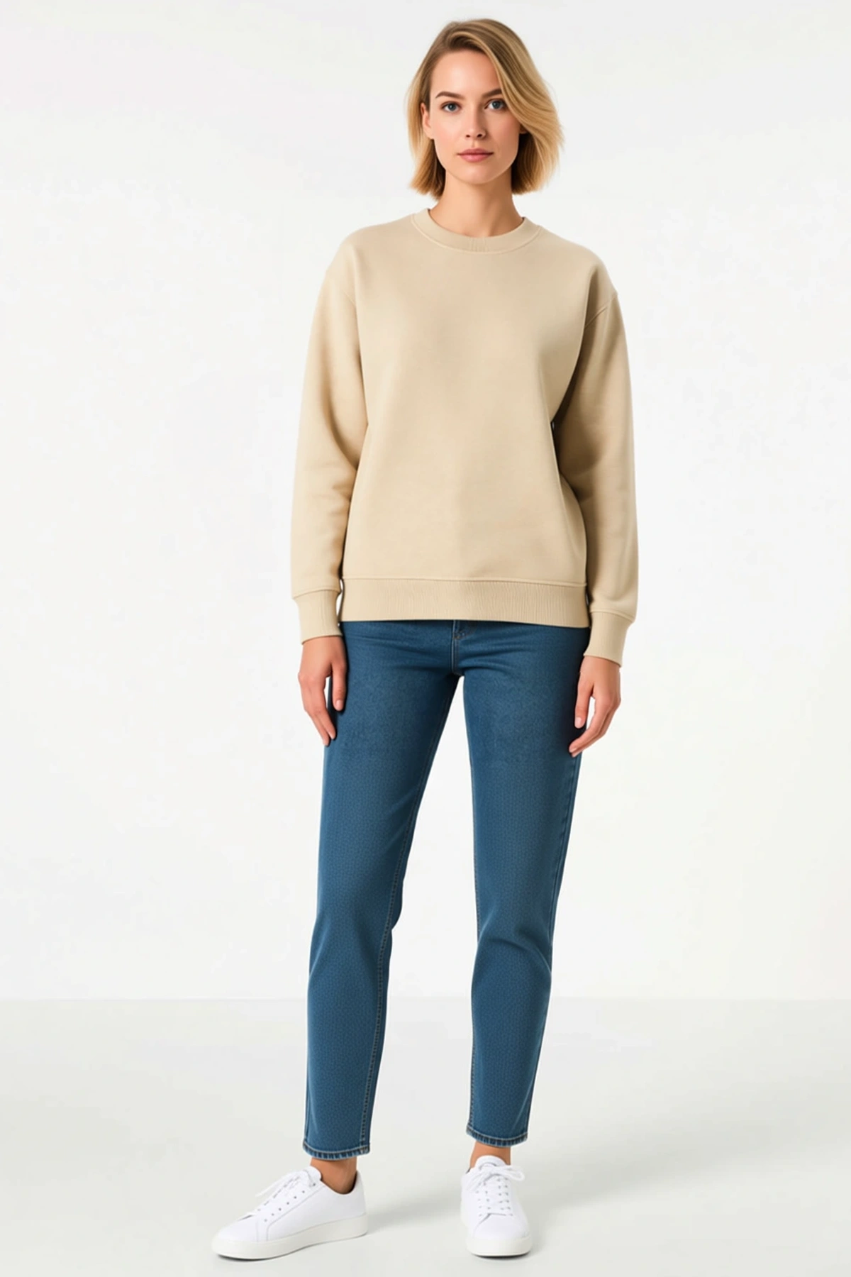 Kadın Üç İplik Düz Bisiklet Yaka Sweatshirt Düşük Omuzlu Uzun Kollu Ribanalı Manşet Günlük Salaş