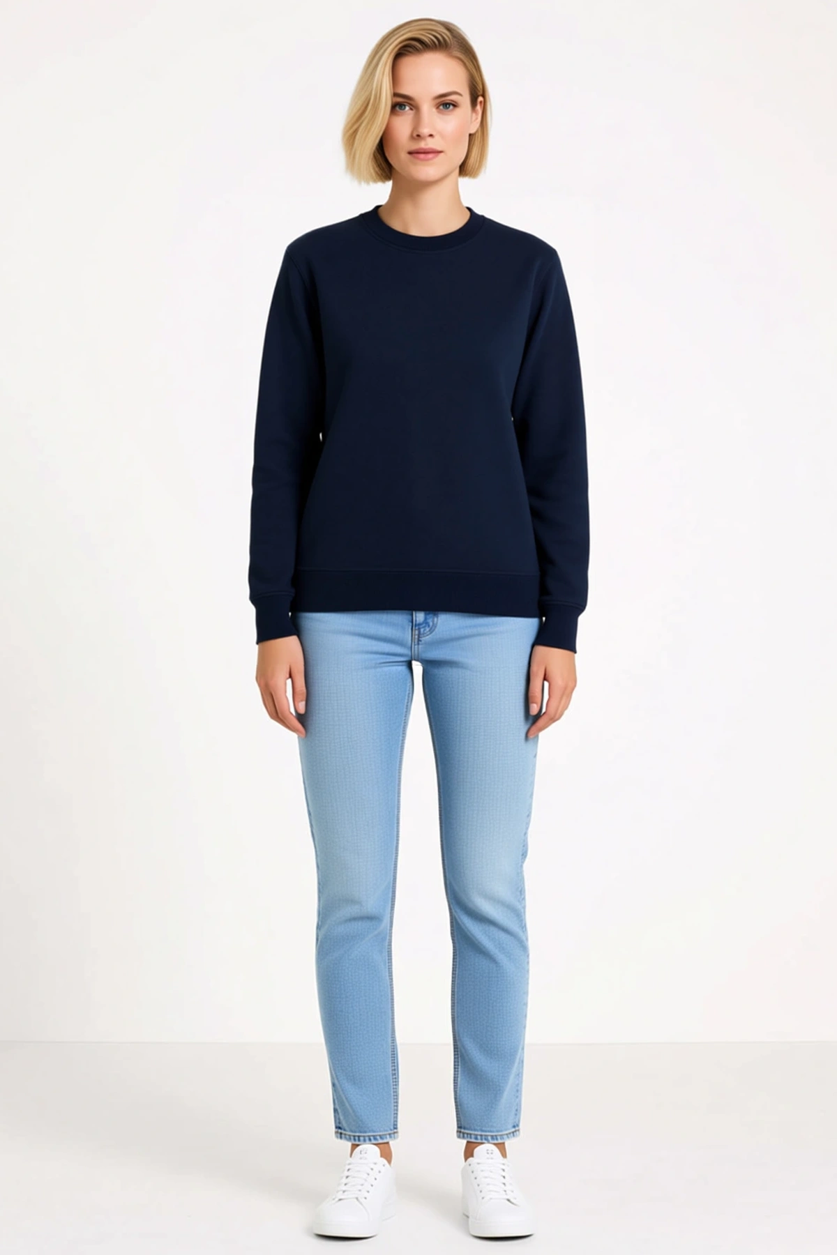 Kadın Üç İplik Düz Bisiklet Yaka Sweatshirt Kısa Boy Uzun Kollu Ribanalı Manşet Günlük Rahat Kesim