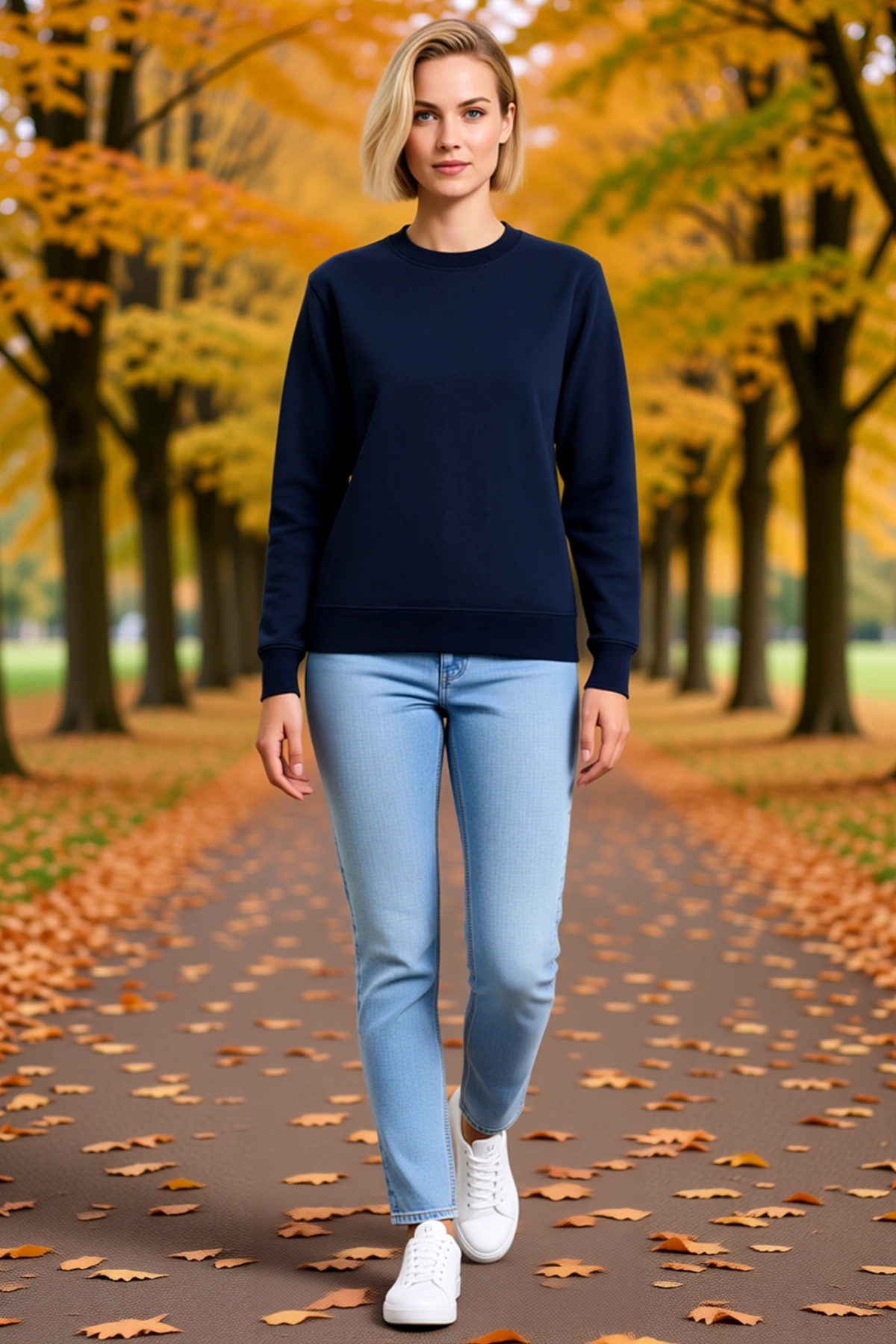 Kadın Üç İplik Düz Bisiklet Yaka Sweatshirt Kısa Boy Uzun Kollu Ribanalı Manşet Günlük Rahat Kesim