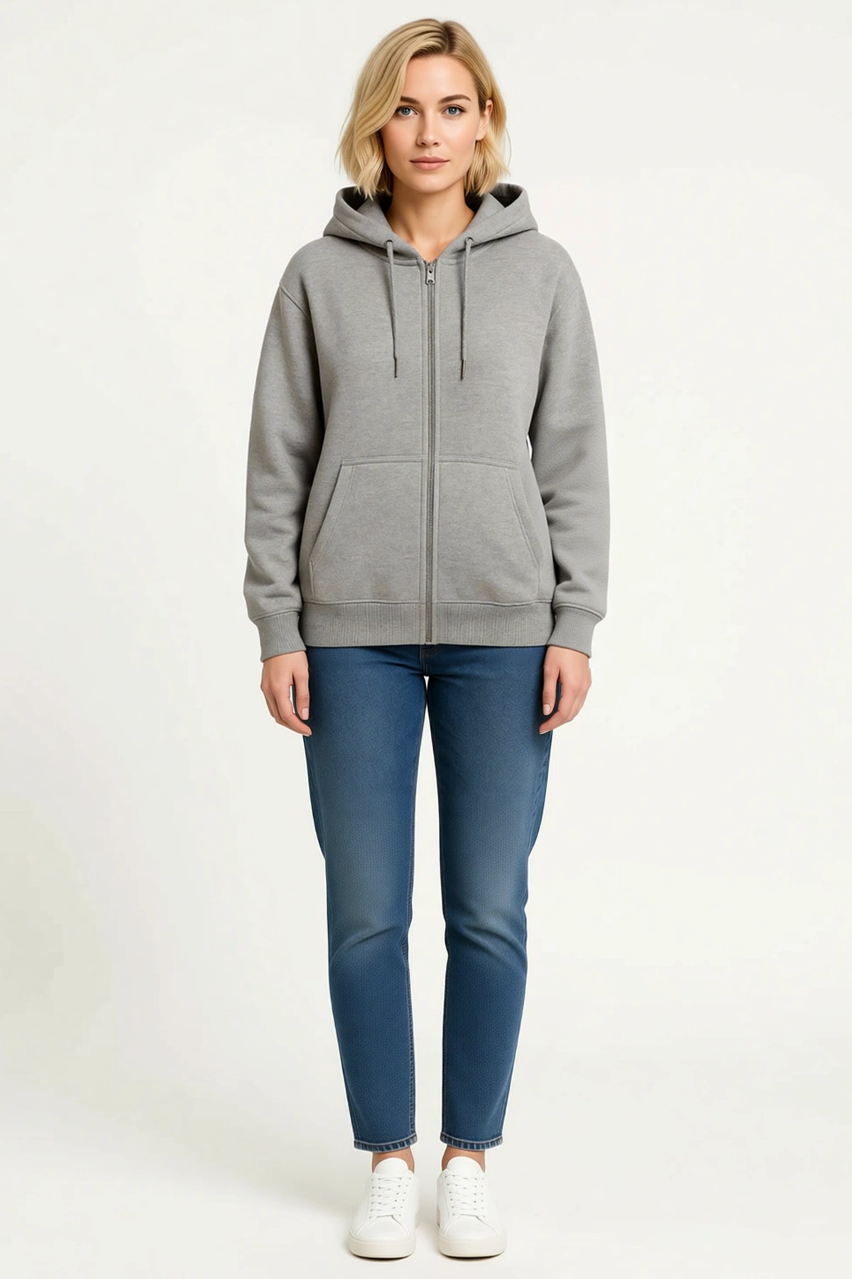 Kadın Üç İplik Kapüşonlu Tam Fermuarlı Sweatshirt Hoodie Kanguru Cepli Bağcıklı Ribanalı Rahat Kesim