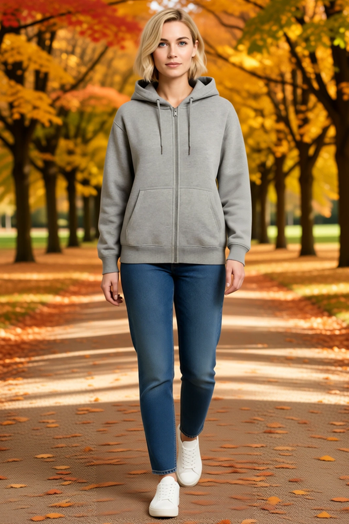 Kadın Üç İplik Kapüşonlu Tam Fermuarlı Sweatshirt Hoodie Kanguru Cepli Bağcıklı Ribanalı Rahat Kesim