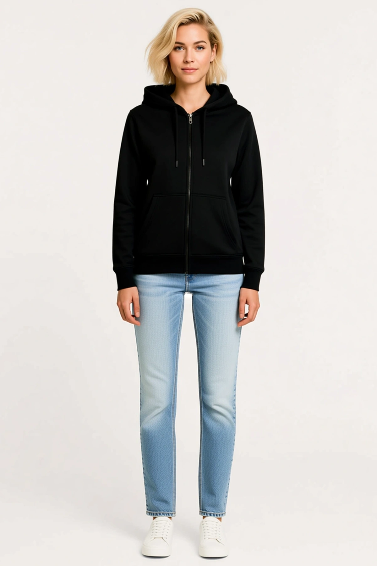 Kadın Üç İplik Kapüşonlu Tam Fermuarlı Sweatshirt Hoodie Kanguru Cepli İnce Bağcıklı Ribana Manşet