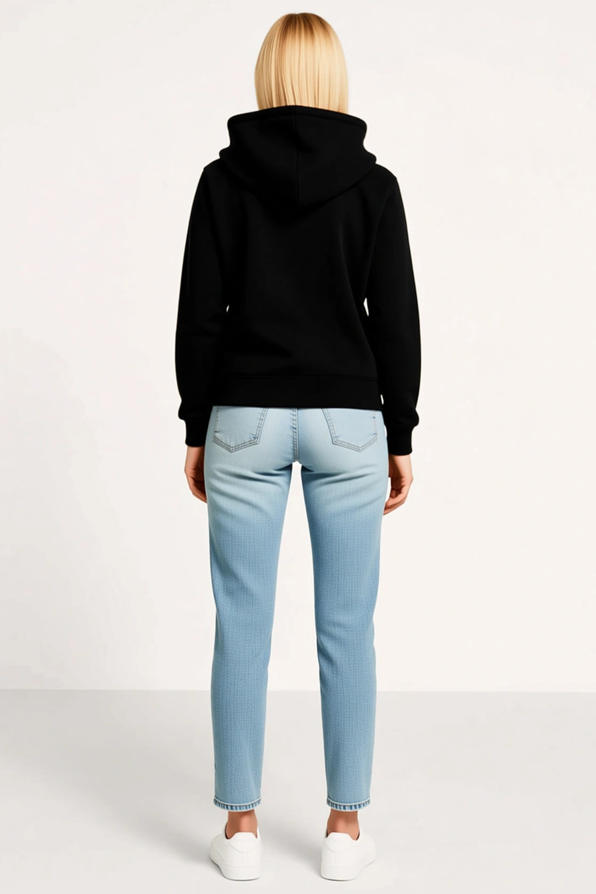 Kadın Üç İplik Kapüşonlu Tam Fermuarlı Sweatshirt Hoodie Kanguru Cepli İnce Bağcıklı Ribana Manşet
