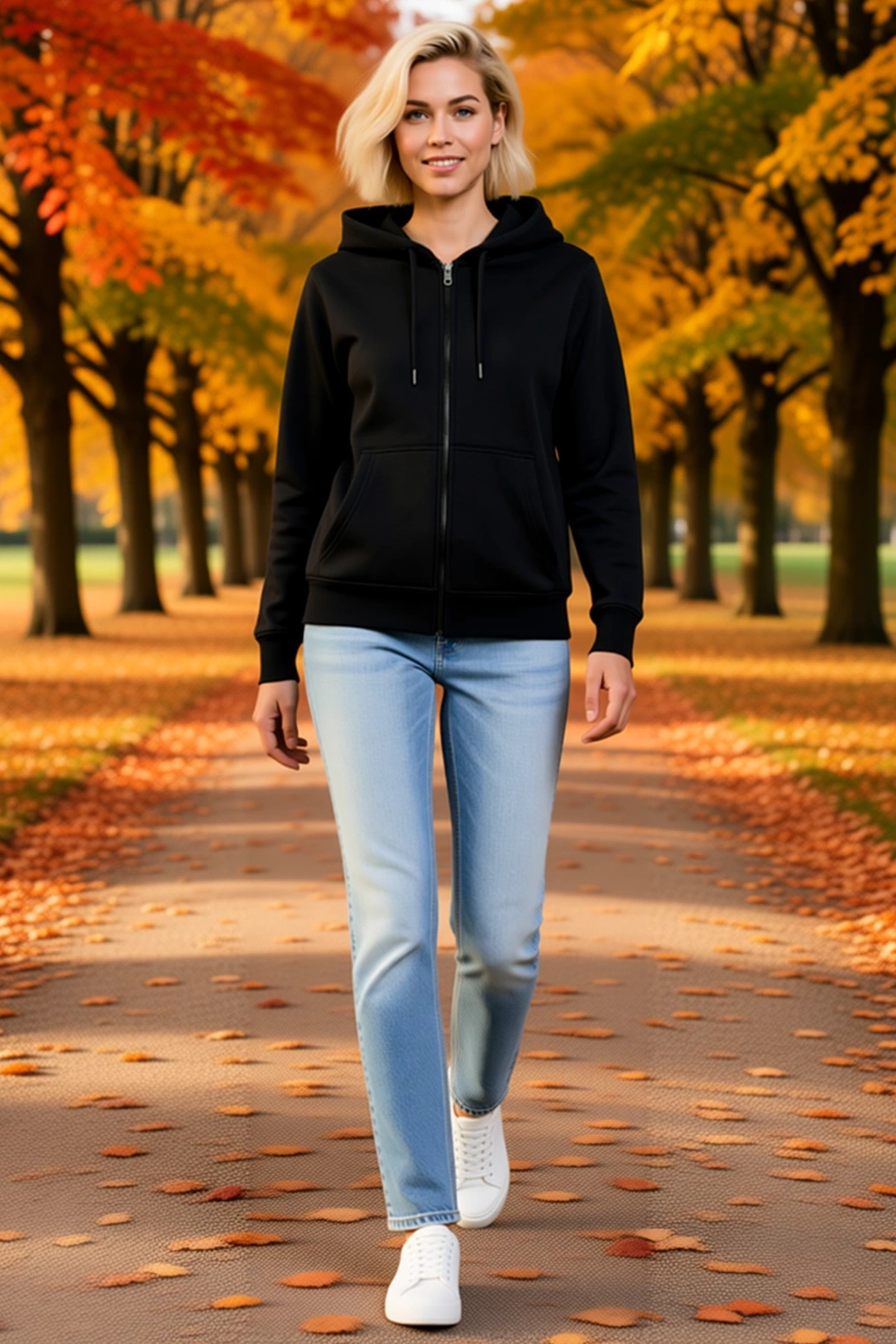 Kadın Üç İplik Kapüşonlu Tam Fermuarlı Sweatshirt Hoodie Kanguru Cepli İnce Bağcıklı Ribana Manşet