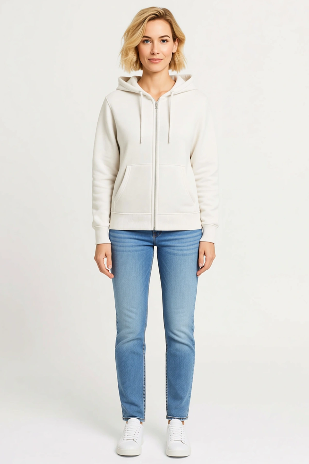 Kadın Üç İplik Kapüşonlu Tam Fermuarlı Sweatshirt Hoodie Metal Fermuar Kanguru Cepli Rahat Düz Kalıp