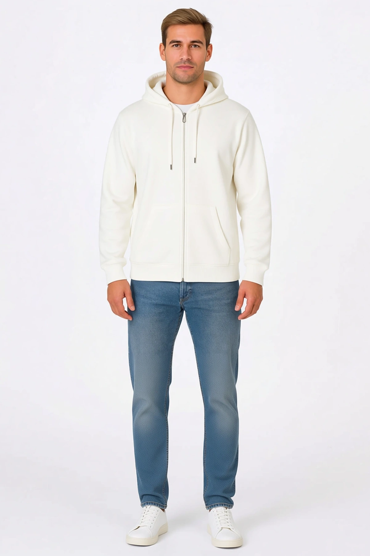 Erkek Üç İplik Kapüşonlu Tam Fermuarlı Sweatshirt Hoodie Kanguru Cepli Ribanalı Bağcıklı Rahat Kalıp