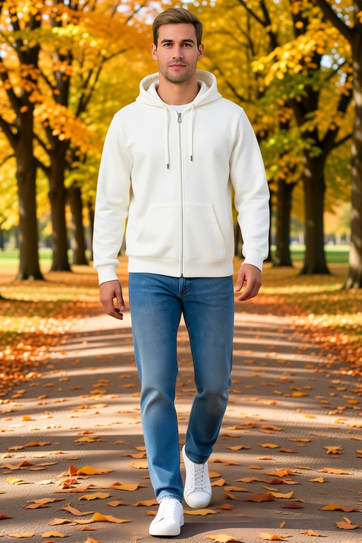 Erkek Üç İplik Kapüşonlu Tam Fermuarlı Sweatshirt Hoodie Kanguru Cepli Ribanalı Bağcıklı Rahat Kalıp