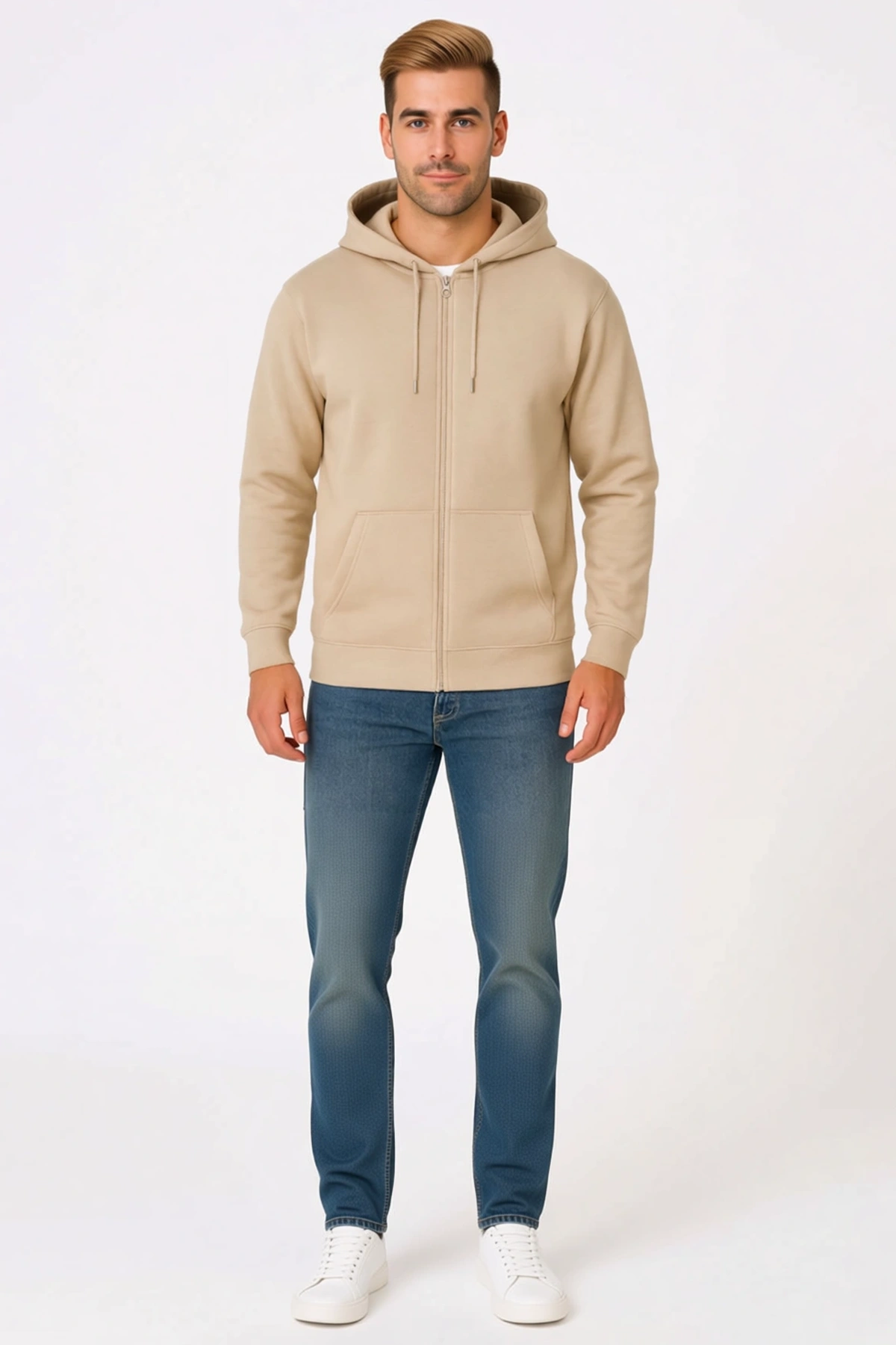 Erkek Üç İplik Kapüşonlu Tam Fermuarlı Kanguru Cepli Sweatshirt Hoodie Günlük Rahat Kalıp Mevsimlik