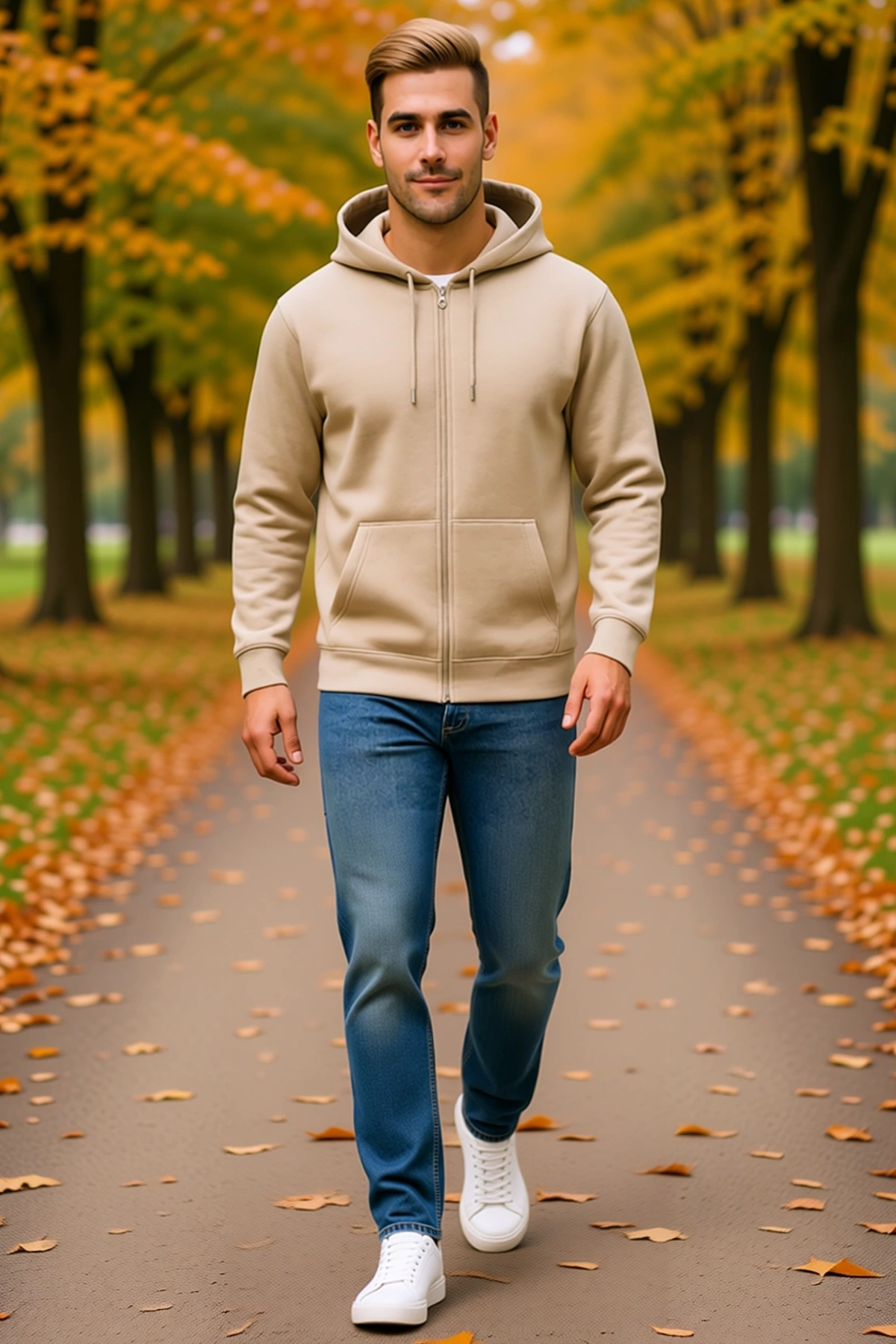 Erkek Üç İplik Kapüşonlu Tam Fermuarlı Kanguru Cepli Sweatshirt Hoodie Günlük Rahat Kalıp Mevsimlik