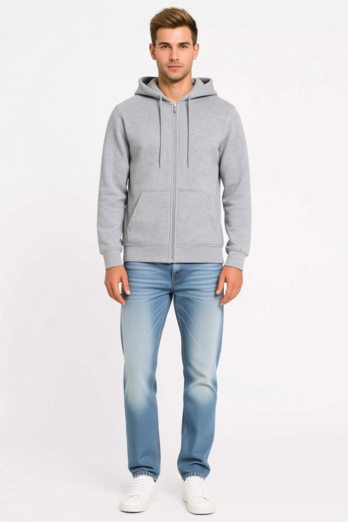 Erkek Üç İplik Tam Fermuarlı Kapüşonlu Kanguru Cepli Melanj Dokulu Hoodie Sweatshirt Günlük Kullanım