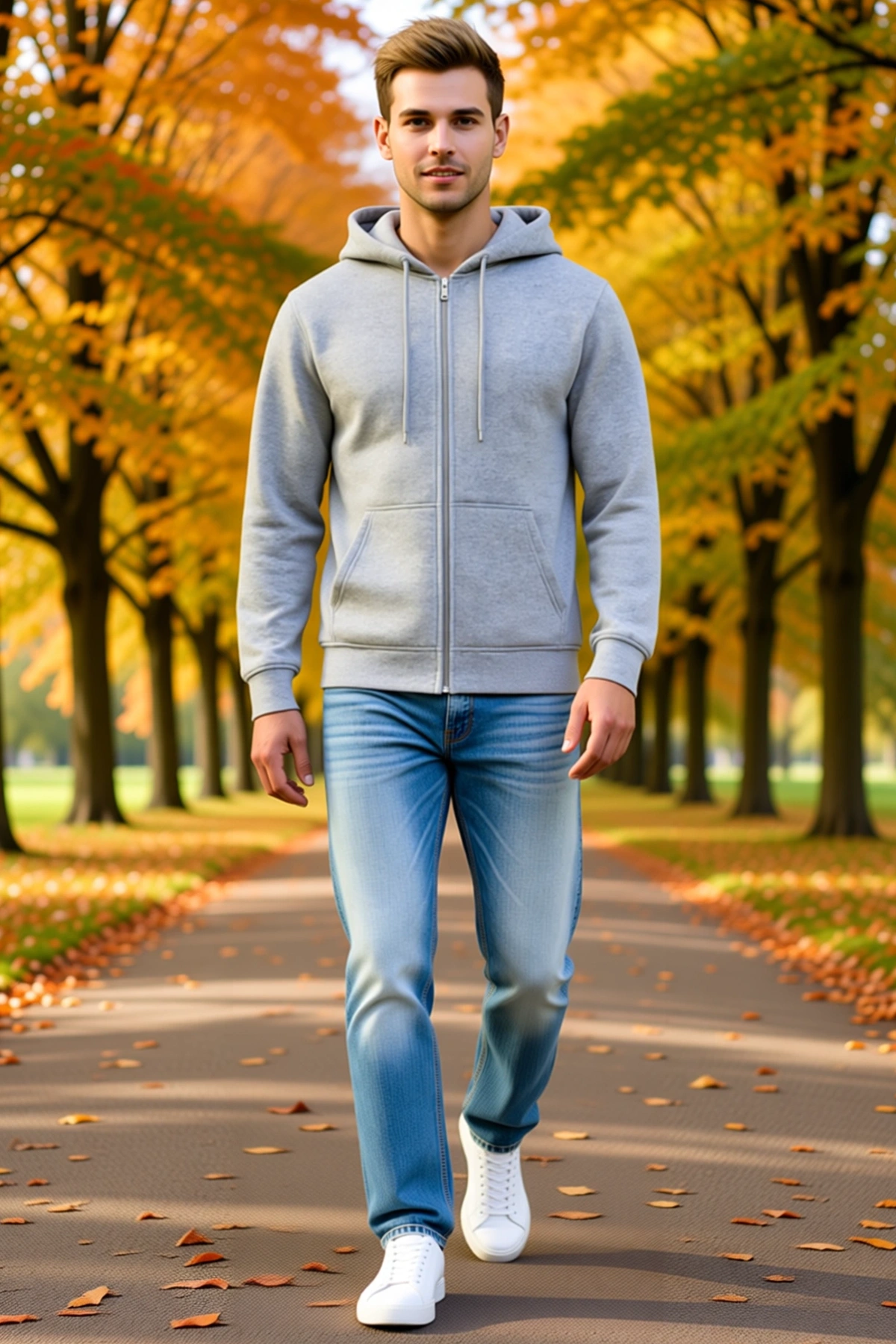 Erkek Üç İplik Tam Fermuarlı Kapüşonlu Kanguru Cepli Melanj Dokulu Hoodie Sweatshirt Günlük Kullanım