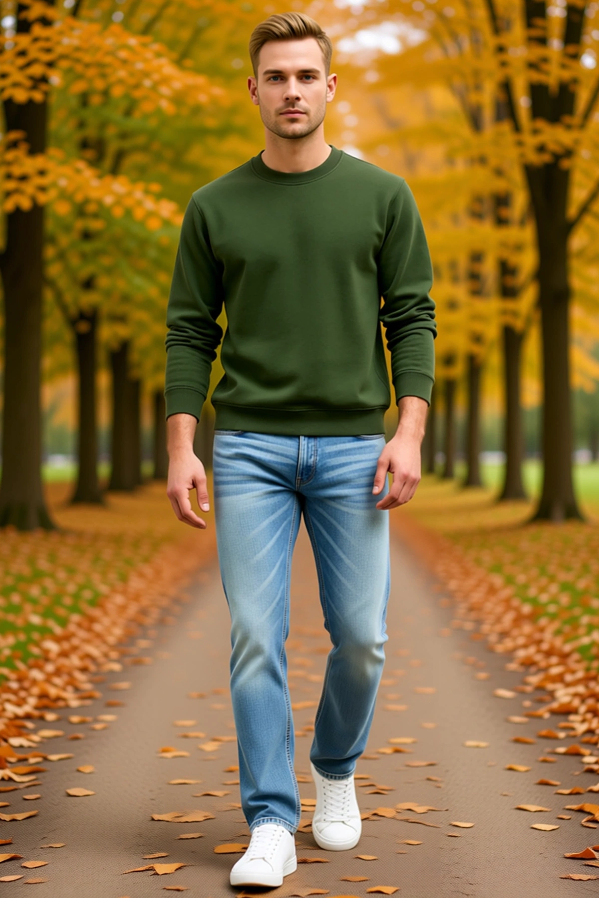 Erkek Üç İplik Düz Bisiklet Yaka Sweatshirt Dik Duruşlu Kalın Ribanalı Uzun Kollu Sonbahar Kışlık