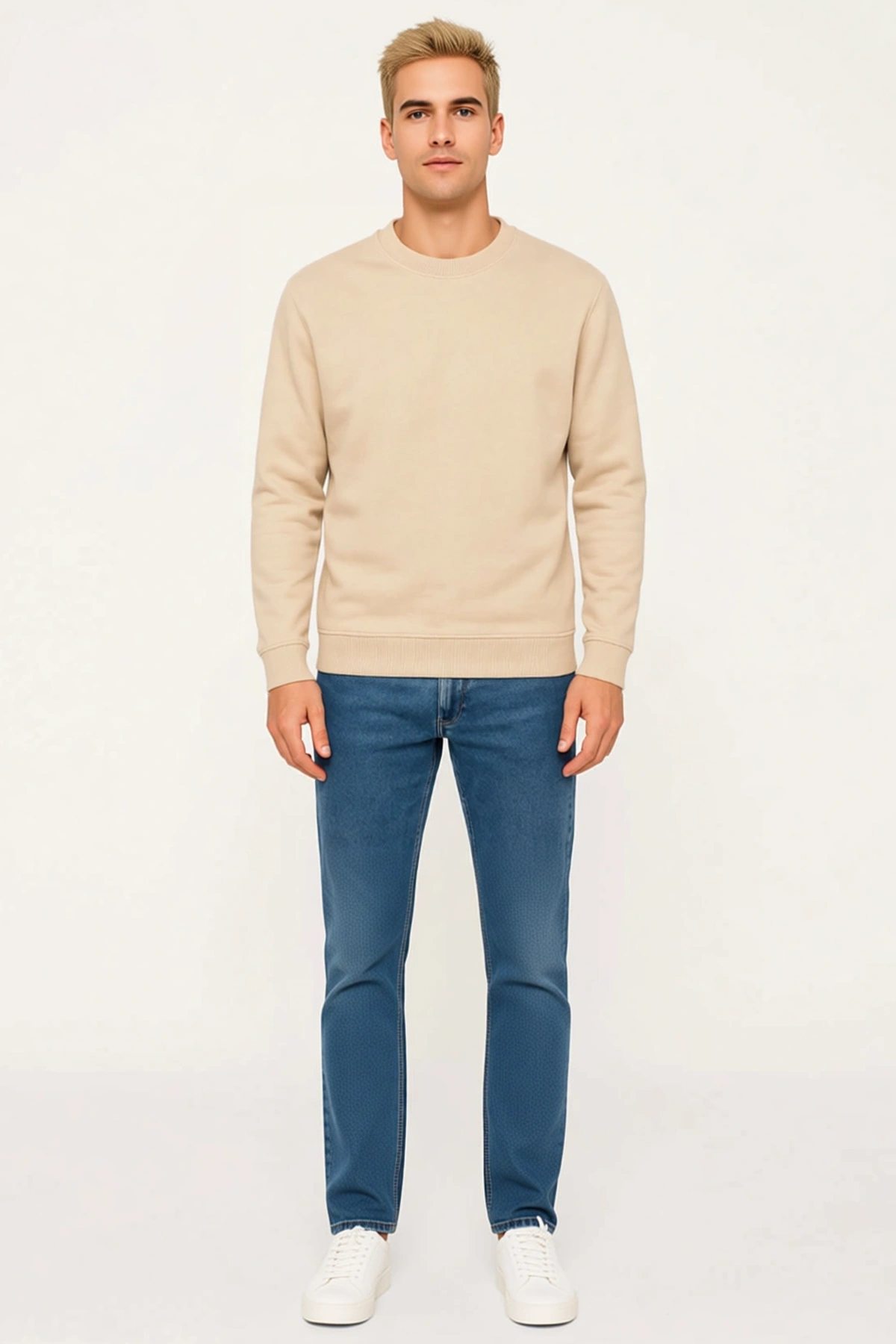 Erkek Üç İplik Düz Bisiklet Yaka Sweatshirt Hafif Düşük Omuz Ribanalı Manşet Günlük Kullanım Rahat