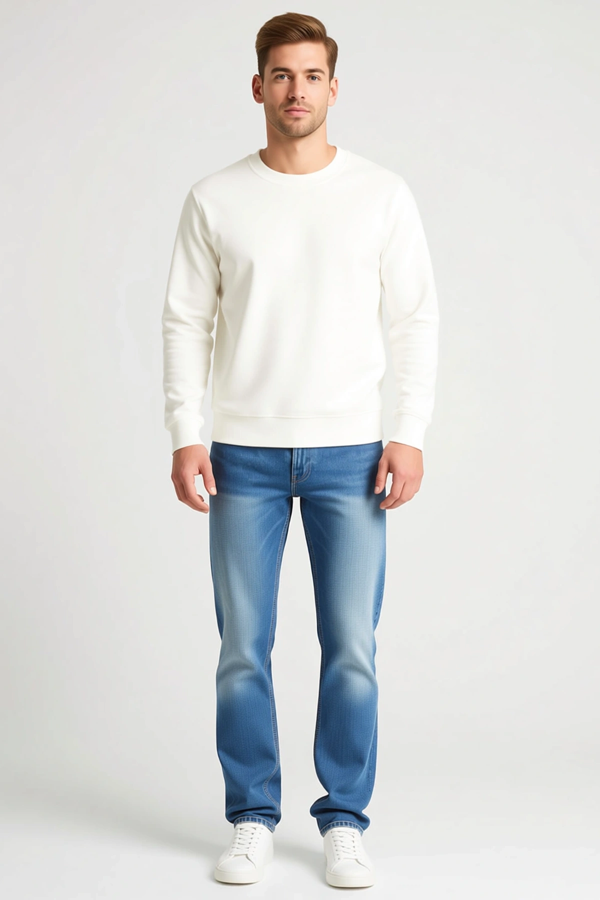 Erkek Üç İplik Bisiklet Yaka Düz Sweatshirt Ribanalı Kol Ucu Rahat Kesim Sezonluk Günlük Giyim Basic