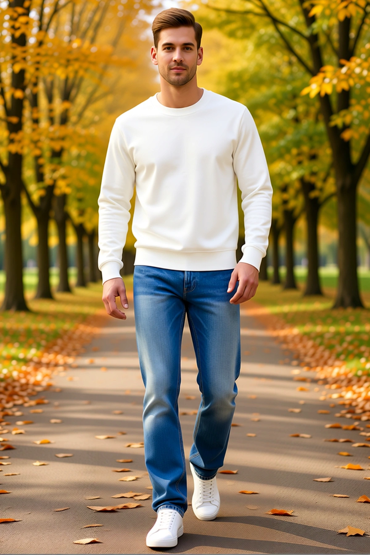 Erkek Üç İplik Bisiklet Yaka Düz Sweatshirt Ribanalı Kol Ucu Rahat Kesim Sezonluk Günlük Giyim Basic