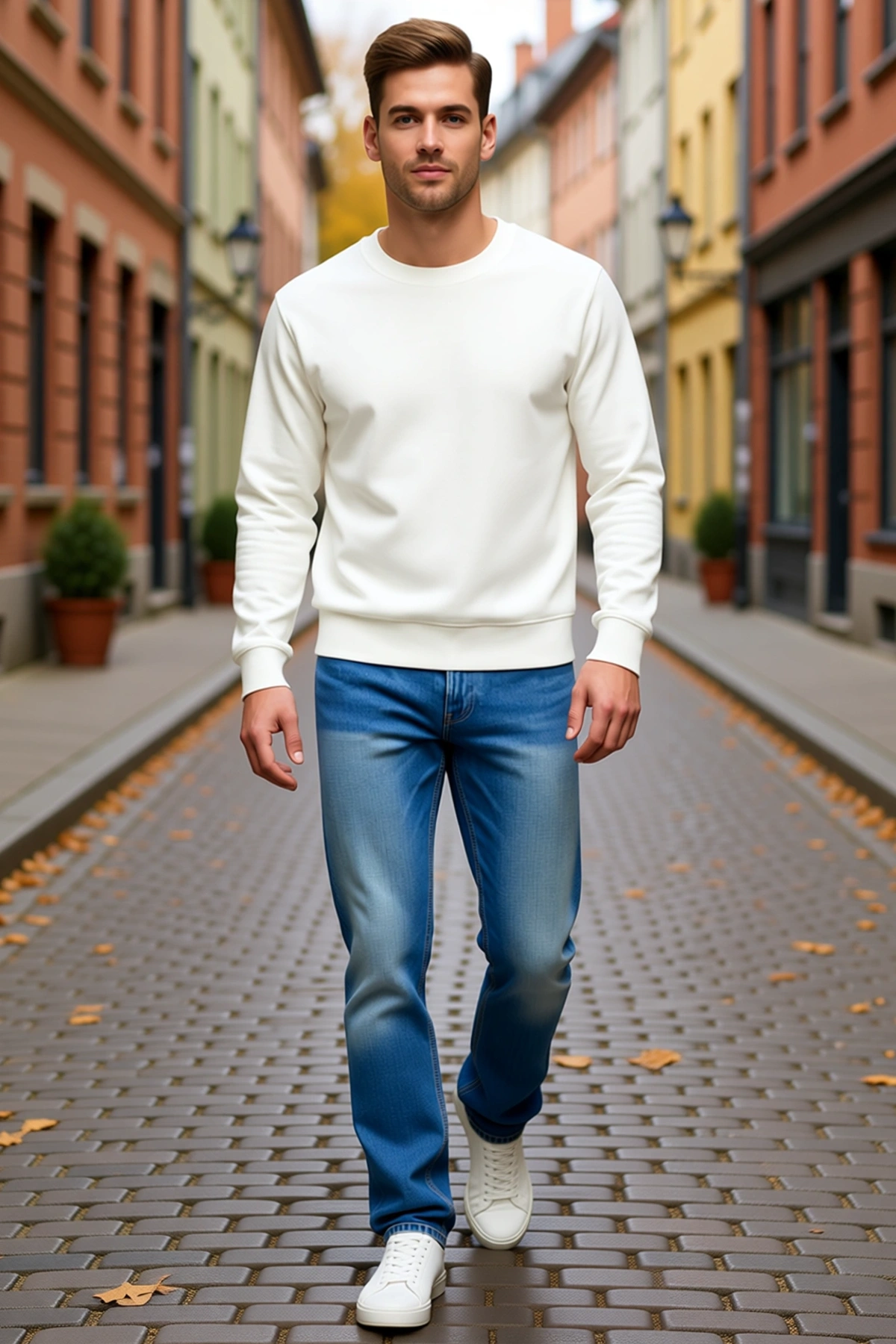 Erkek Üç İplik Bisiklet Yaka Düz Sweatshirt Ribanalı Kol Ucu Rahat Kesim Sezonluk Günlük Giyim Basic
