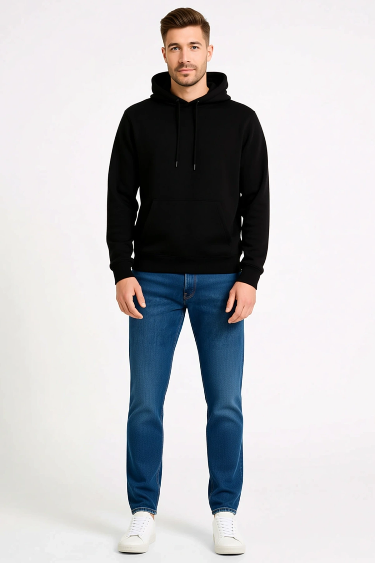 Erkek Üç İplik Kapüşonlu Kanguru Cepli Sweatshirt Hoodie Bağcıklı Rahat Kalıp Günlük Kullanım Modern