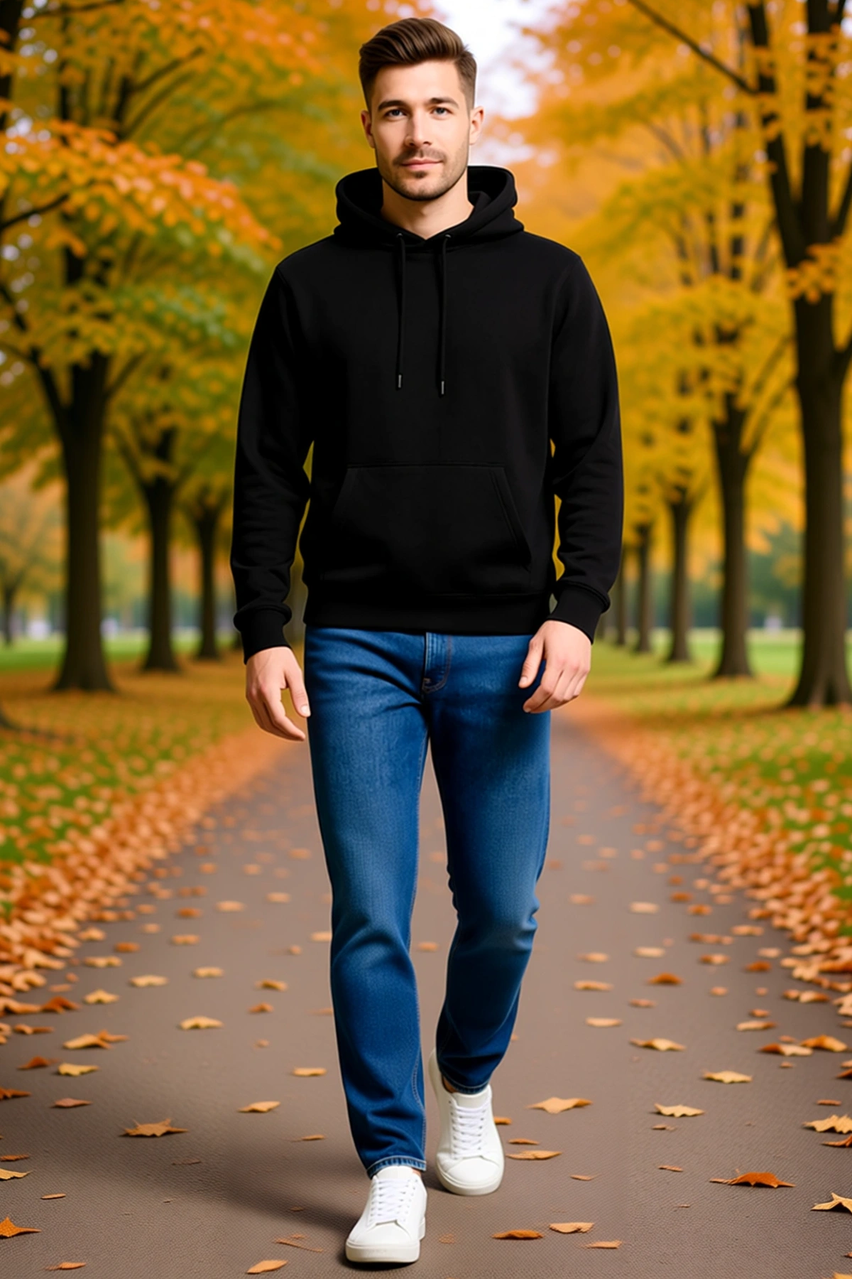Erkek Üç İplik Kapüşonlu Kanguru Cepli Sweatshirt Hoodie Bağcıklı Rahat Kalıp Günlük Kullanım Modern