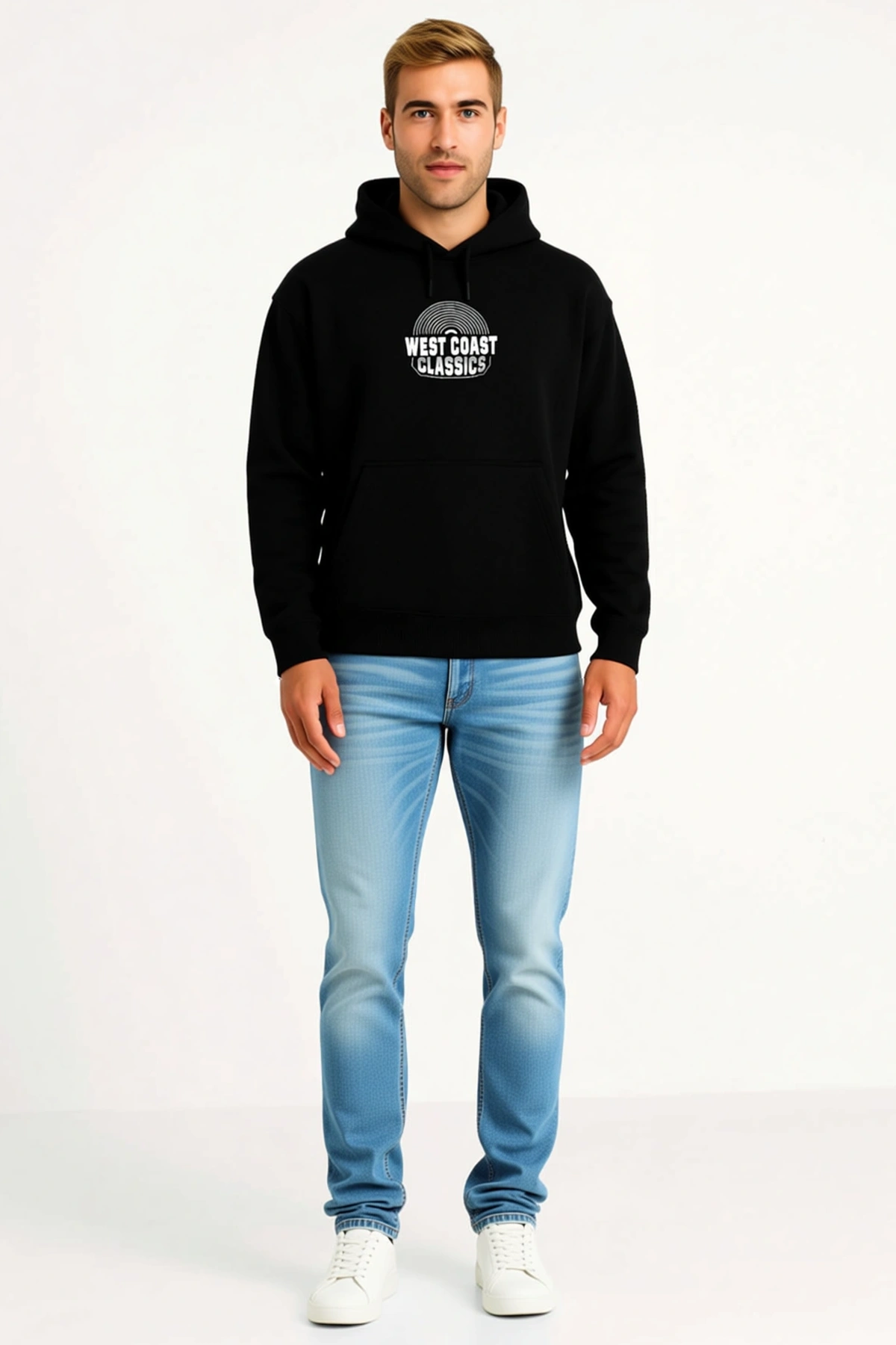 Erkek Üç İplik Kapüşonlu Ön Ve Arka Baskılı Kanguru Cepli Sweatshirt Hoodie Bağcıklı Günlük Kullanım