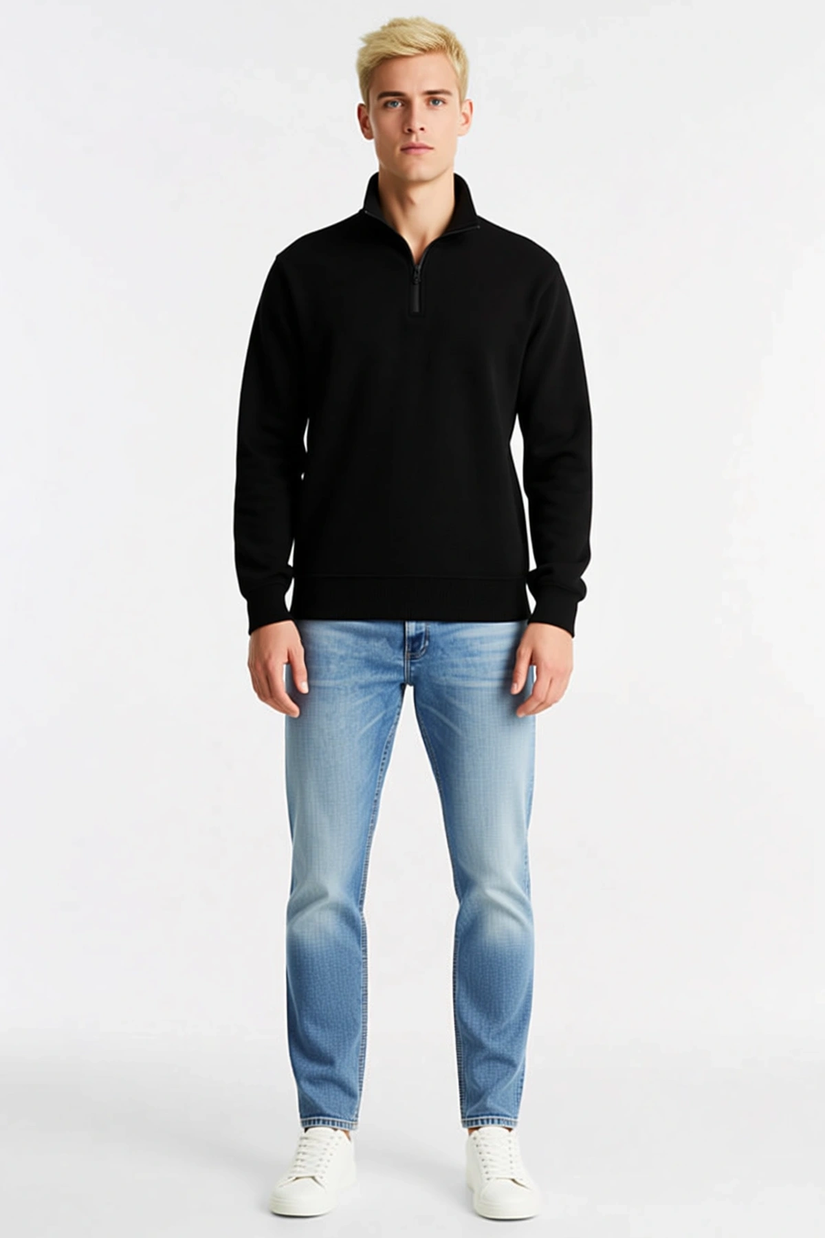 Erkek Dik Yaka Yarım Fermuarlı Sweatshirt Üç İplik Şardonlu Pamuk Kumaş Rahat Günlük Konforlu Form