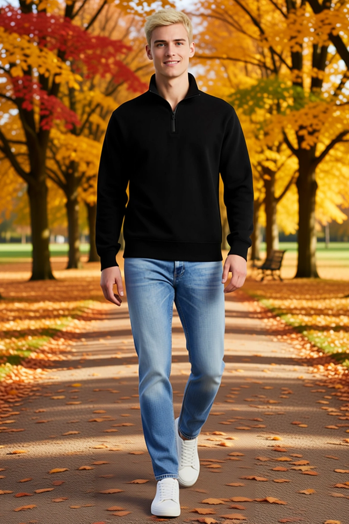 Erkek Dik Yaka Yarım Fermuarlı Sweatshirt Üç İplik Şardonlu Pamuk Kumaş Rahat Günlük Konforlu Form