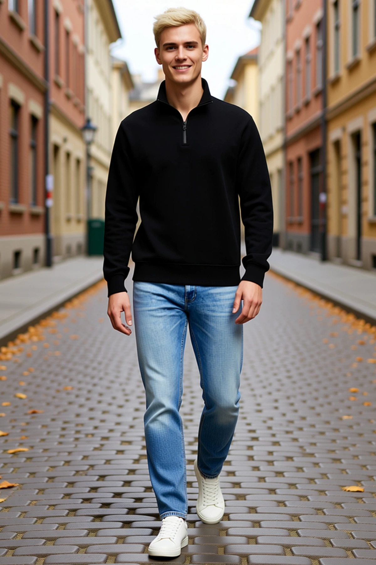 Erkek Dik Yaka Yarım Fermuarlı Sweatshirt Üç İplik Şardonlu Pamuk Kumaş Rahat Günlük Konforlu Form