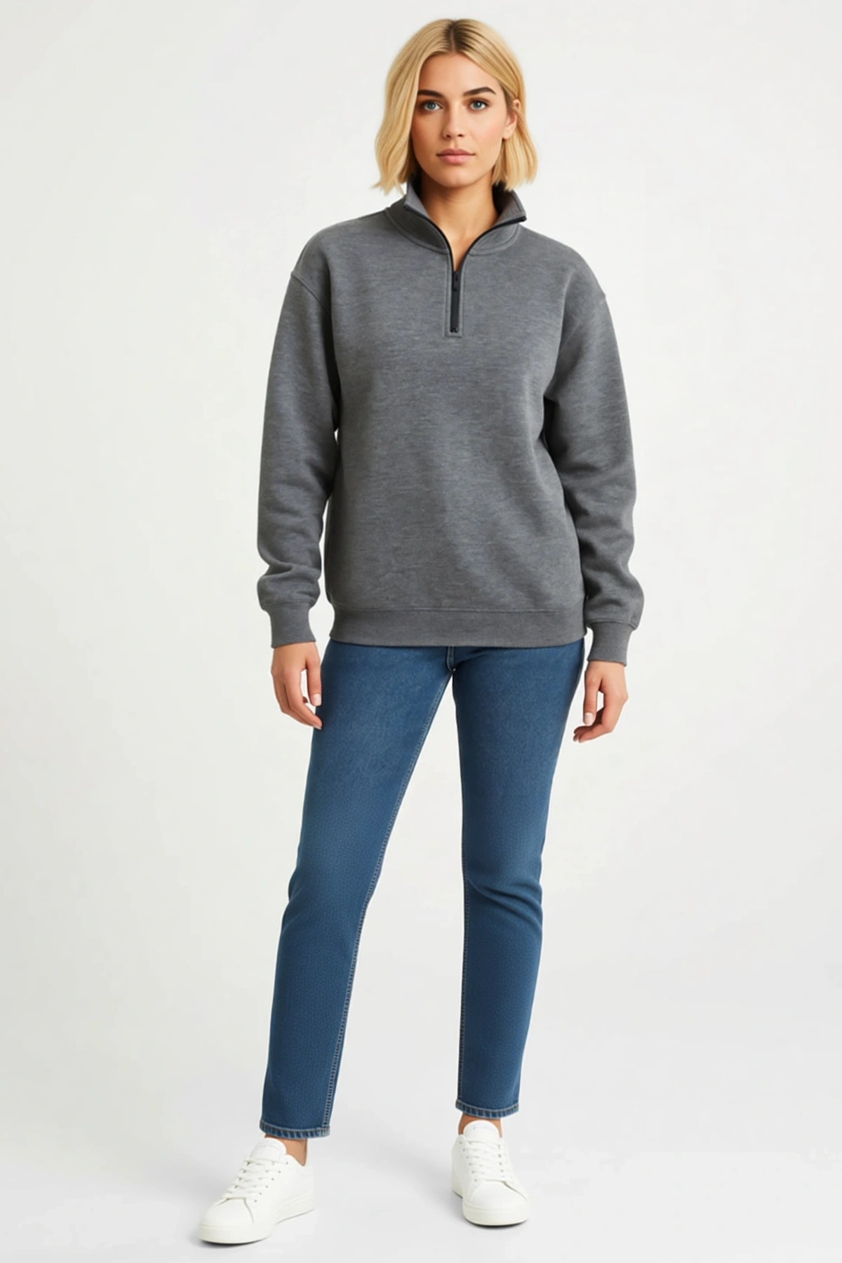 Kadın Dik Yaka Yarım Fermuarlı Üç İplik Sweatshirt Melanj Görünümlü Geniş Kalıp Günlük Rahat Modern