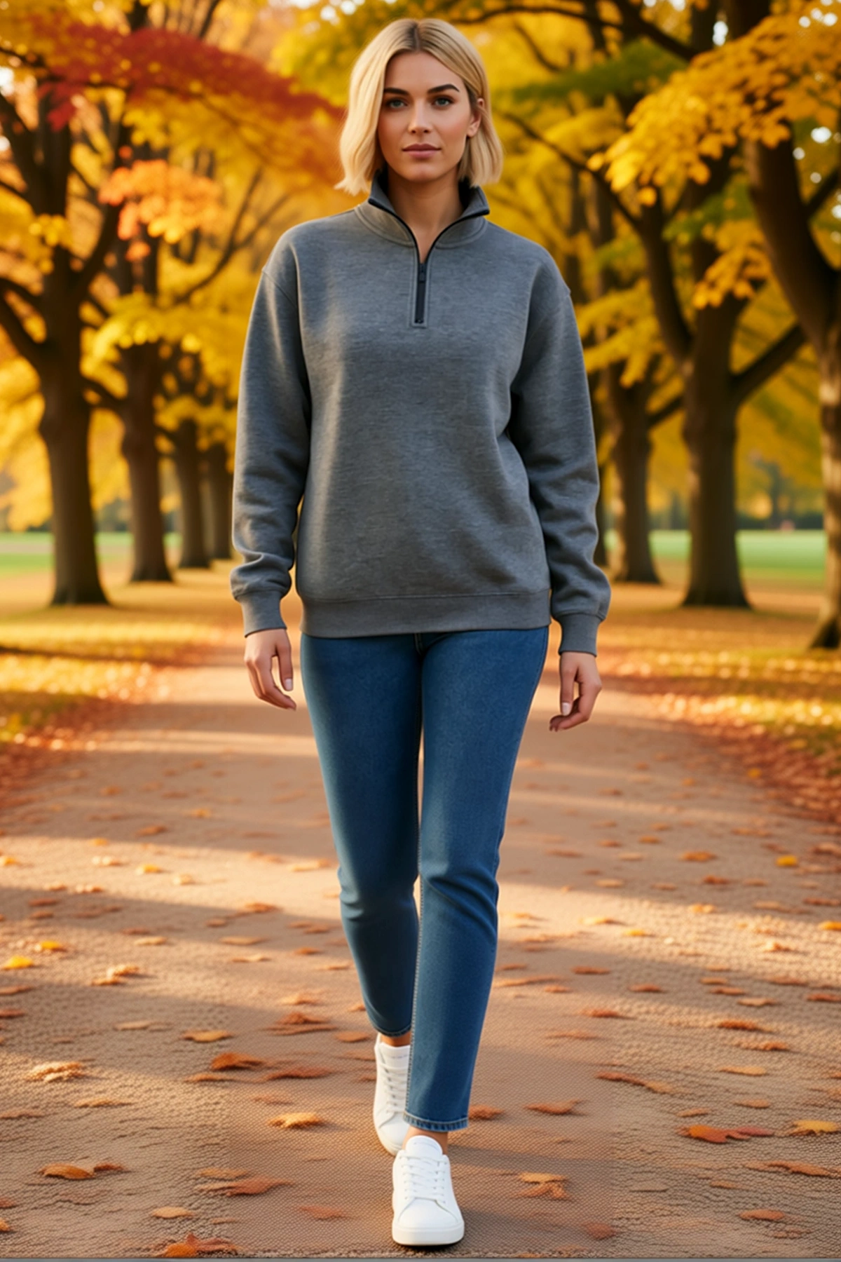 Kadın Dik Yaka Yarım Fermuarlı Üç İplik Sweatshirt Melanj Görünümlü Geniş Kalıp Günlük Rahat Modern
