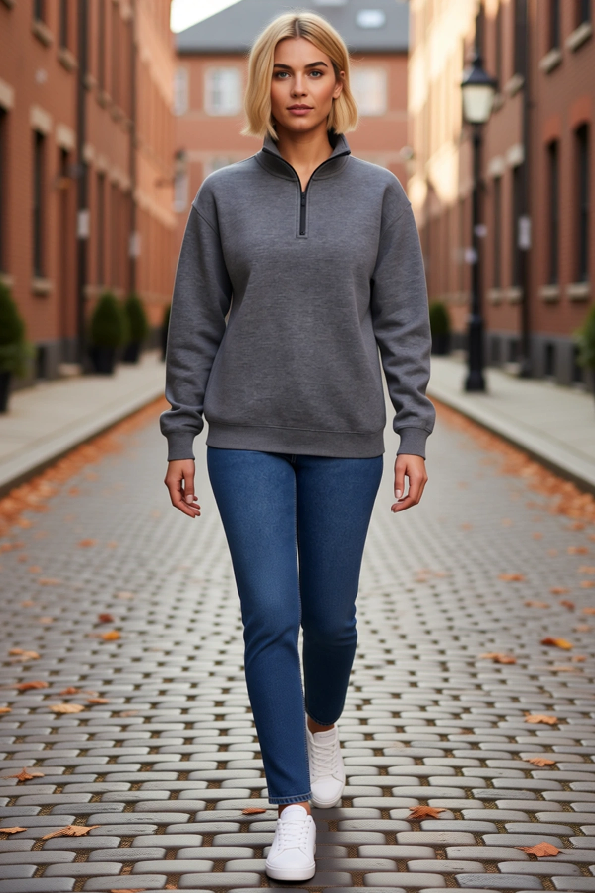 Kadın Dik Yaka Yarım Fermuarlı Üç İplik Sweatshirt Melanj Görünümlü Geniş Kalıp Günlük Rahat Modern