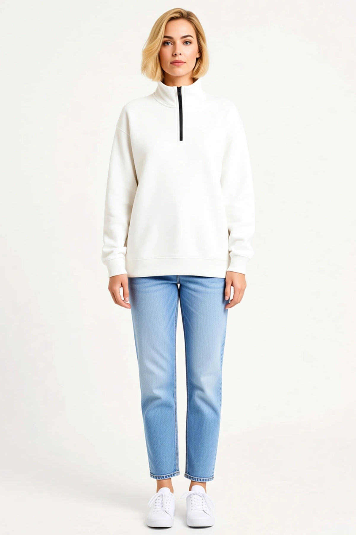 Kadın Dik Yaka Yarım Fermuarlı Üç İplik Sweatshirt Bol Kalıp Düşük Omuz Günlük Rahat Konforlu Modern