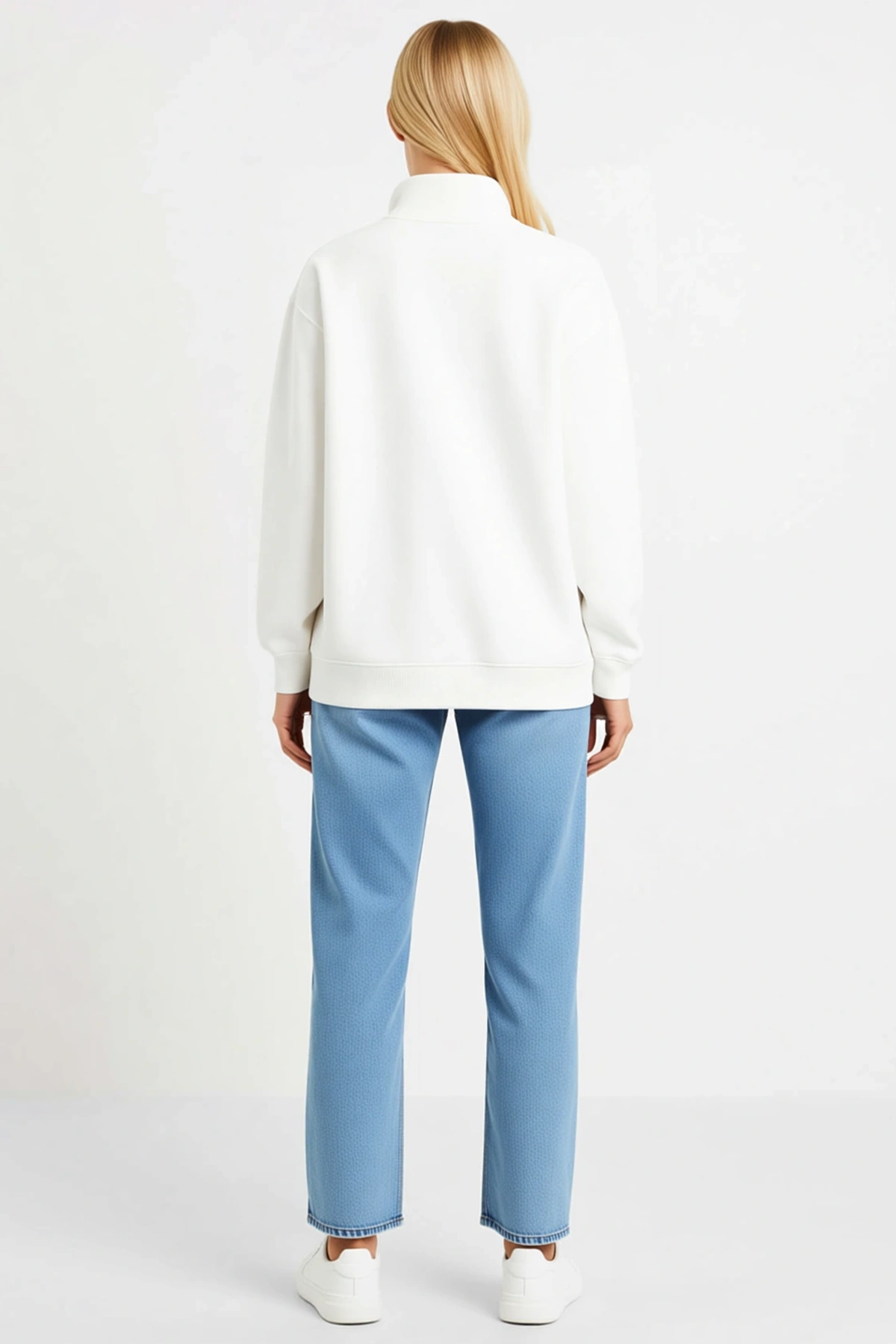 Kadın Dik Yaka Yarım Fermuarlı Üç İplik Sweatshirt Bol Kalıp Düşük Omuz Günlük Rahat Konforlu Modern
