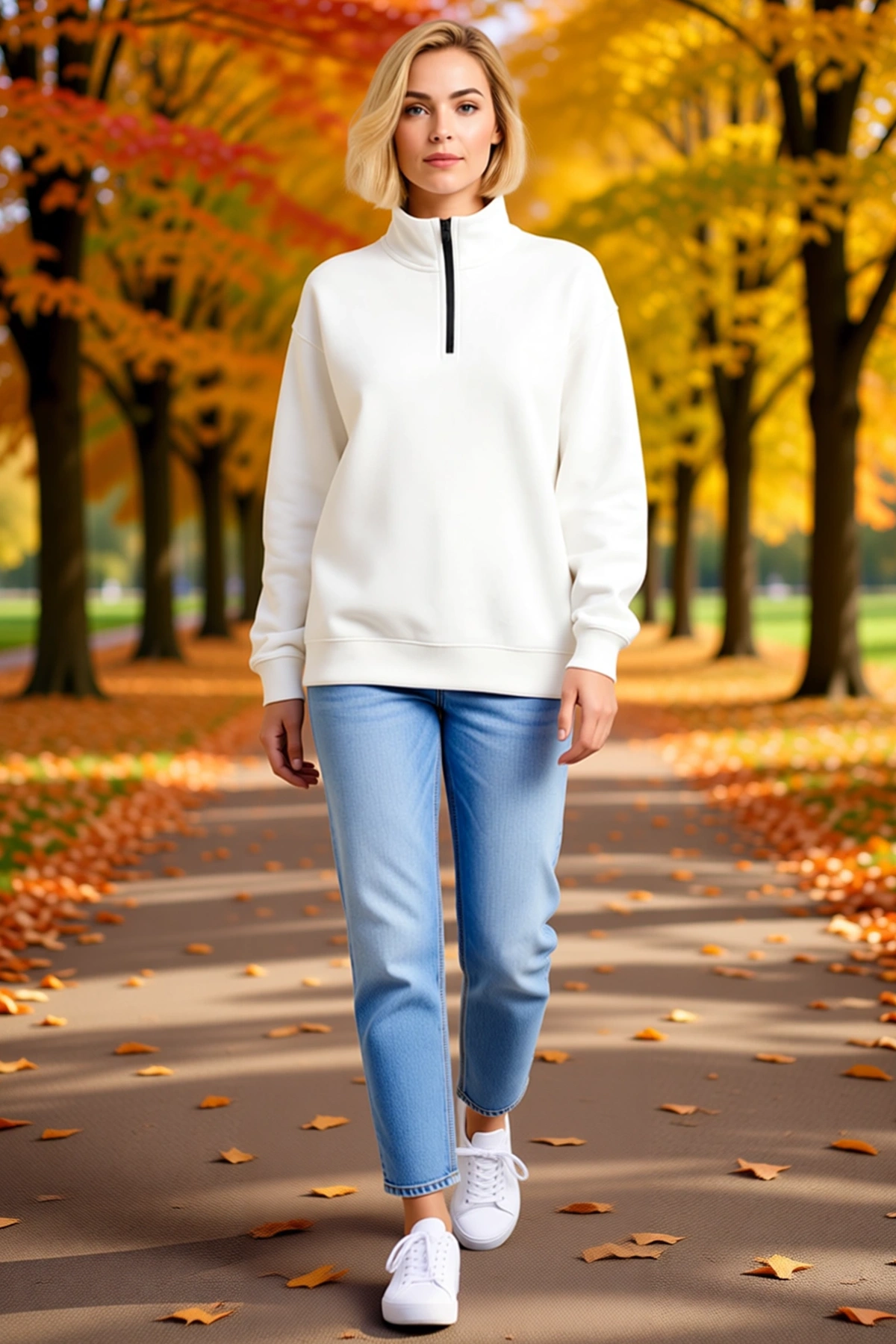 Kadın Dik Yaka Yarım Fermuarlı Üç İplik Sweatshirt Bol Kalıp Düşük Omuz Günlük Rahat Konforlu Modern