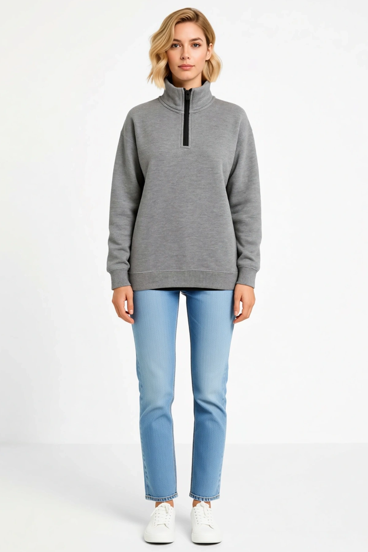 Kadın Dik Yaka Yarım Fermuarlı Üç İplik Sweatshirt Melanj Doku Rahat Kalıp Günlük Konforlu Modern